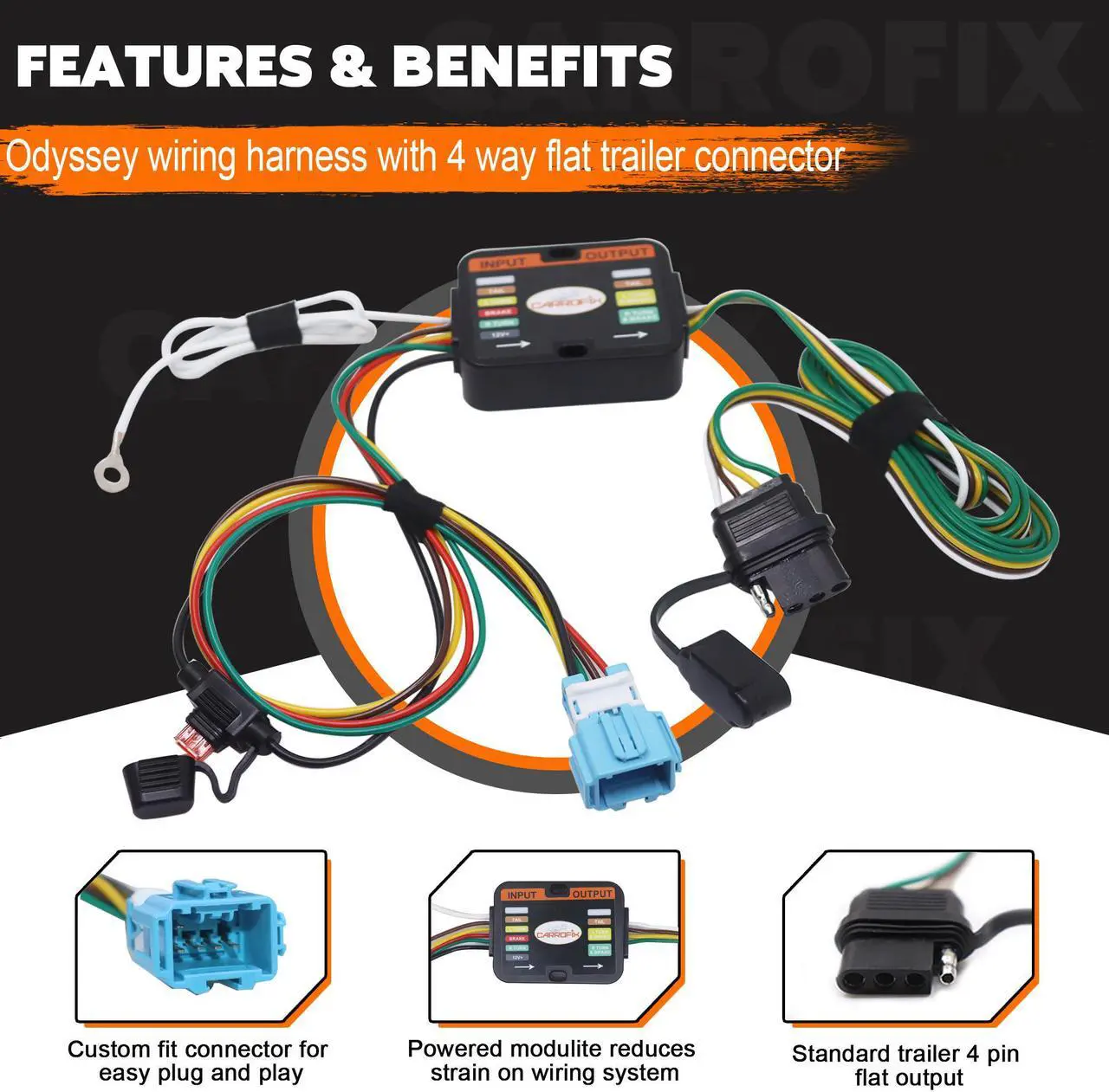 Alt view image 2 of 7 - CARROFIX Custom-Fit Vehicle Wiring Kit with 4 Way Flat Trailer Connector for 2018-2023 Honda Odyssey - Simple Plug-in Odyssey Hitch Wiring Harness