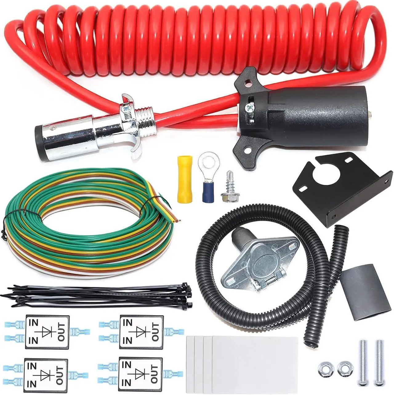 Main image of CARROFIX Universal 7 Pin to 6 Pin Wire RV Towed Vehicle Wiring Kit 8FT Coiled Cord Cable Trailer Harness Wiring Connector