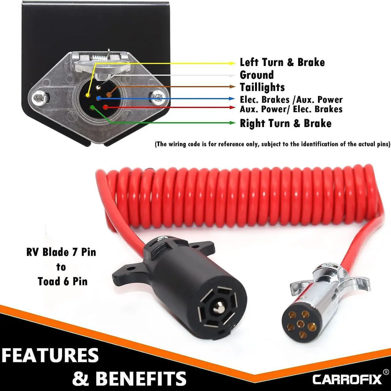 Alt view image 3 of 6 - CARROFIX Universal 7 Pin to 6 Pin Wire RV Towed Vehicle Wiring Kit 8FT Coiled Cord Cable Trailer Harness Wiring Connector