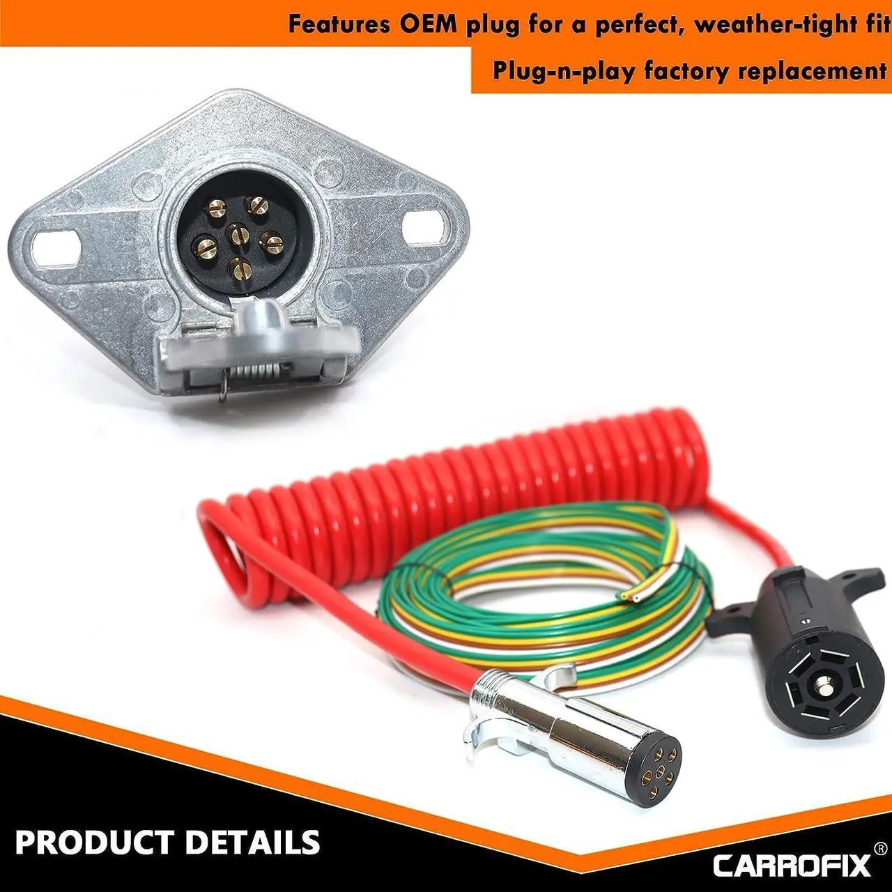 Alt view image 4 of 6 - CARROFIX Universal 7 Pin to 6 Pin Wire RV Towed Vehicle Wiring Kit 8FT Coiled Cord Cable Trailer Harness Wiring Connector