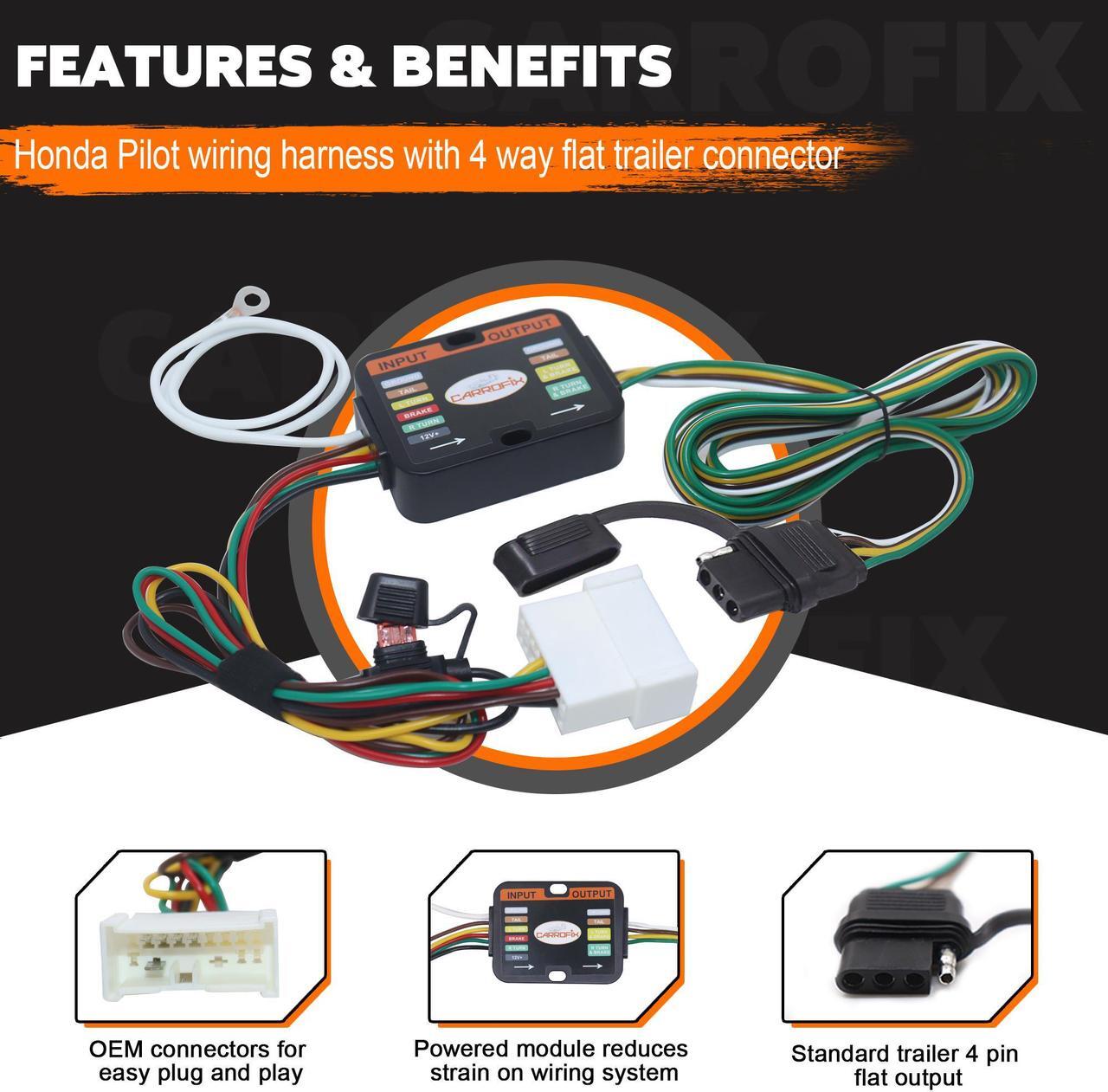 Alt view image 2 of 7 - CARROFIX Custom Vehicle Wiring Harness Kit 4 Way Flat Trailer Connector Compatible with Honda Pilot, Passport for Factory Tow Package
