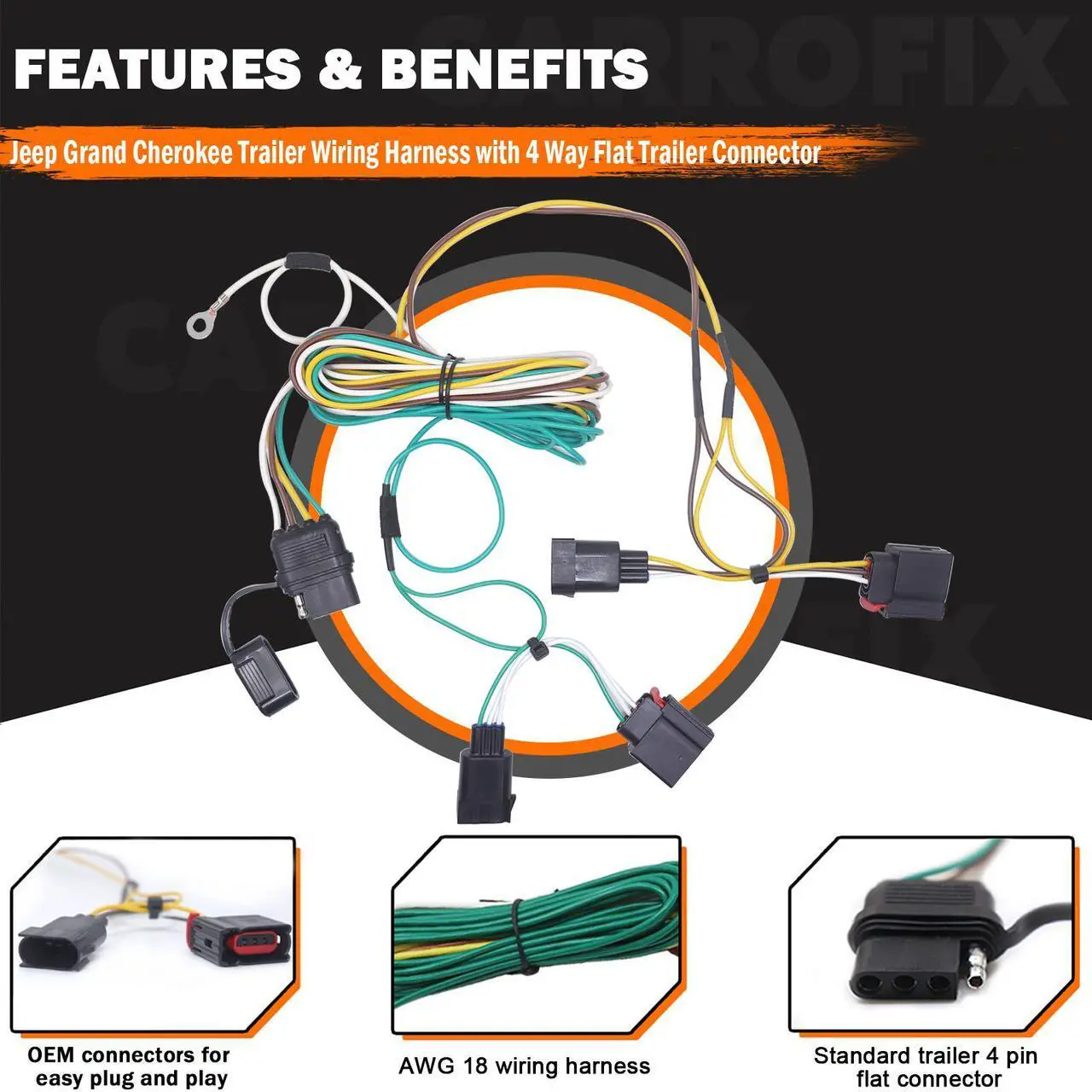 Alt view image 2 of 6 - CARROFIX T-Connector Vehicle Custom Wiring Harness with 4-Way Flat Trailer Connector, Compatible with 2007 - 2013 Jeep Grand Cherokee