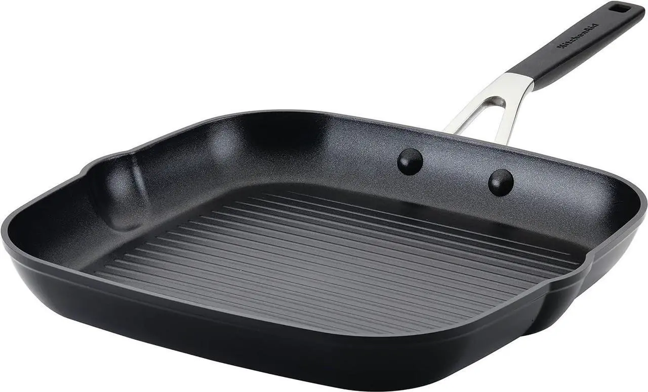 Main image of KitchenAid Hard Anodized Nonstick Square Grill Pan/Griddle with Pour Spouts, 11.25 Inch, Onyx Black