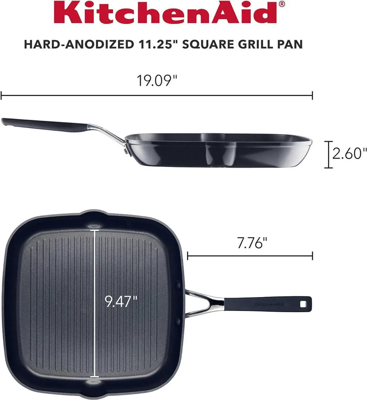 Alt view image 2 of 7 - KitchenAid Hard Anodized Nonstick Square Grill Pan/Griddle with Pour Spouts, 11.25 Inch, Onyx Black
