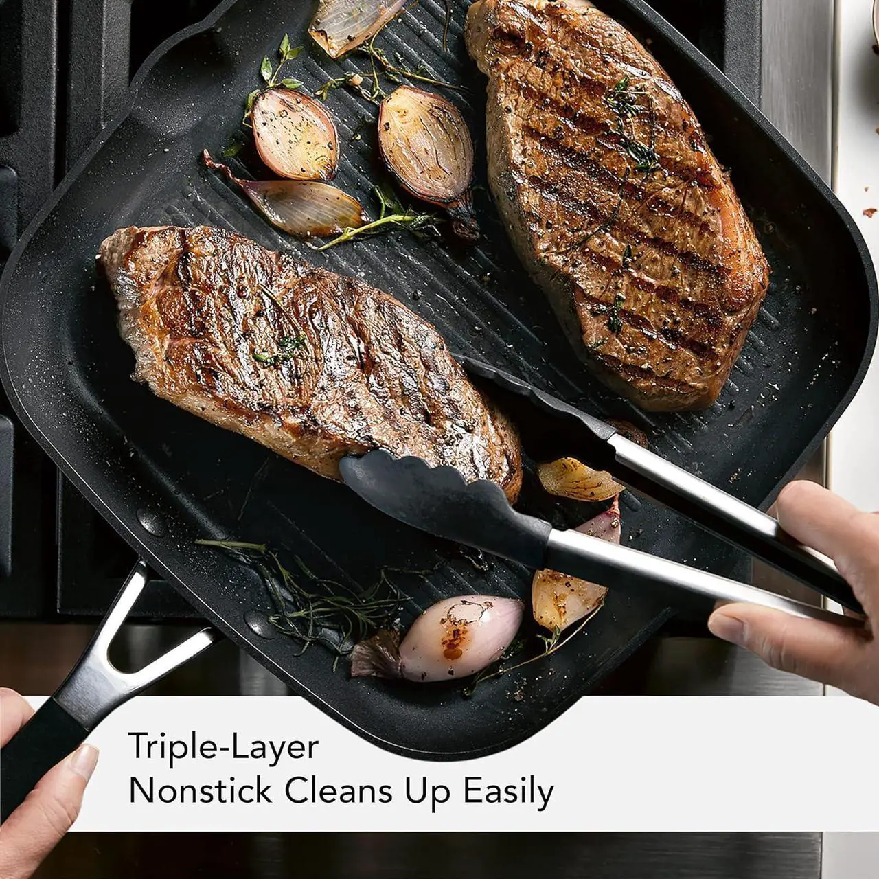 Alt view image 4 of 7 - KitchenAid Hard Anodized Nonstick Square Grill Pan/Griddle with Pour Spouts, 11.25 Inch, Onyx Black