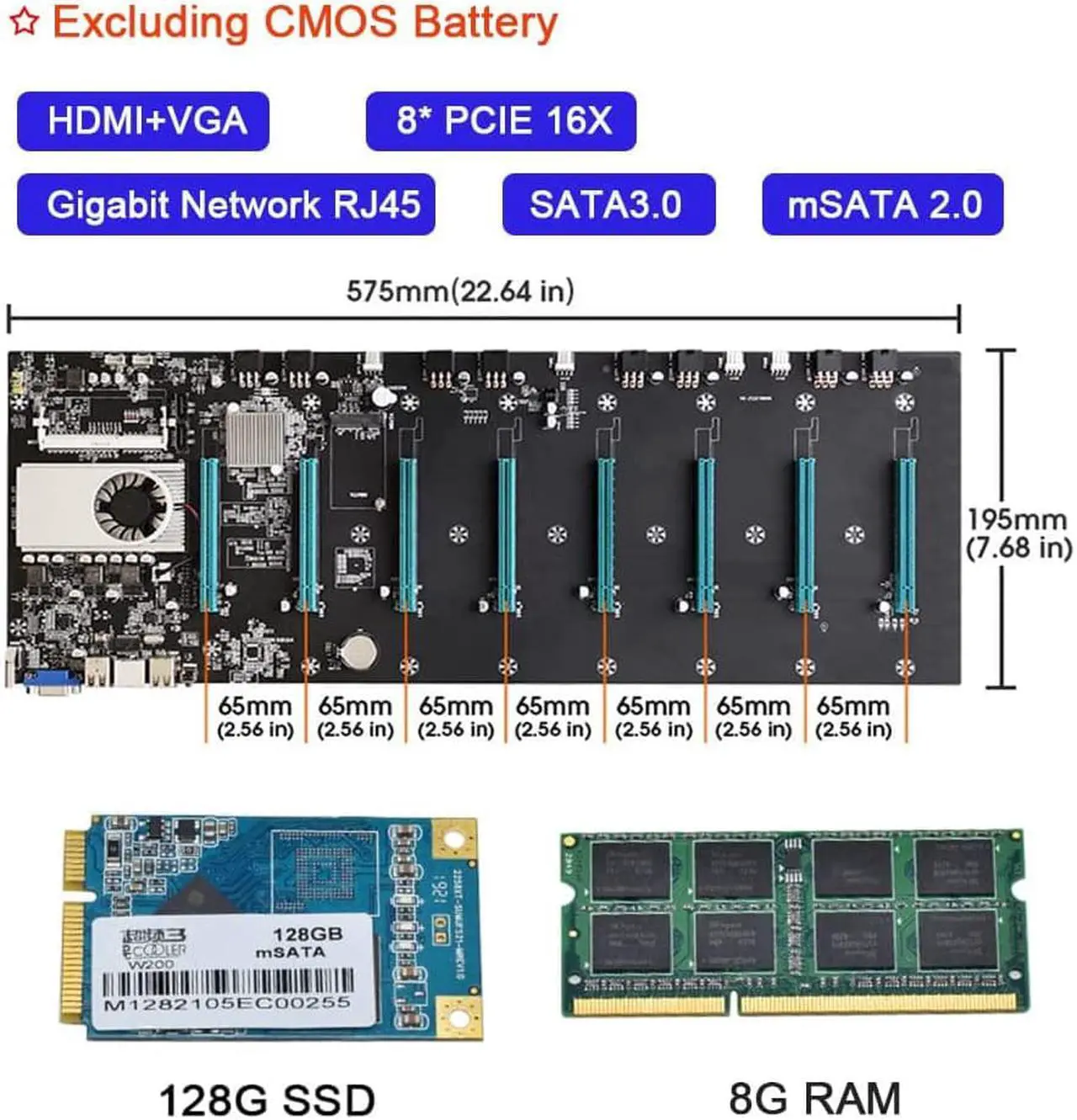 Alt view image 2 of 6 - Mining Motherboard BTC-S37 Comes with 8GB RAM DDR3 Memory and 128GB SSD Support 8 GPU VGA + HDMI 8XPCIE 16X Graph Card Gigabit Network RJ45 Port for BTC ETH Miner