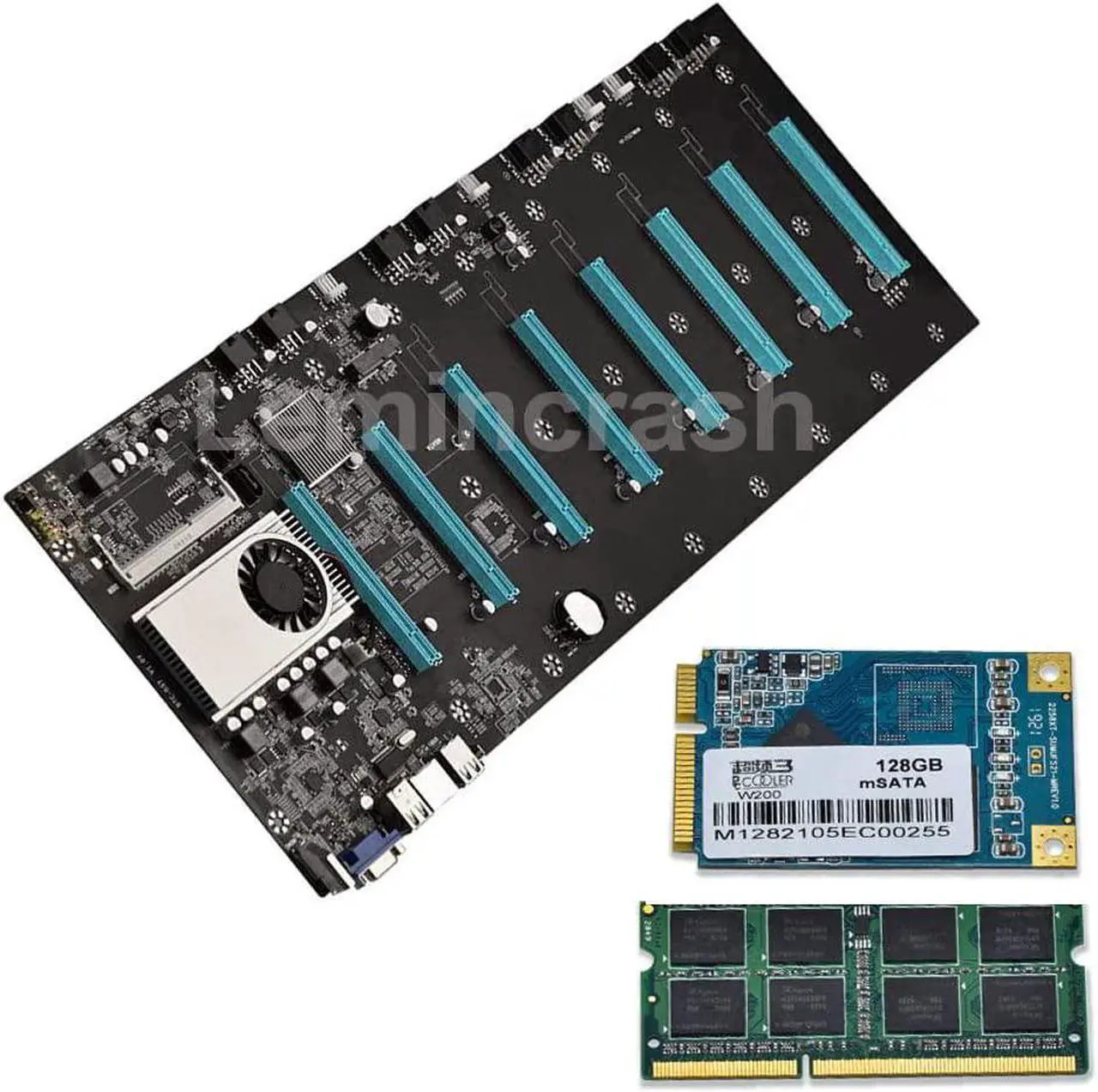 Main image of Mining Motherboard BTC-S37 Comes with 8GB RAM DDR3 Memory and 128GB SSD Support 8 GPU VGA + HDMI 8XPCIE 16X Graph Card Gigabit Network RJ45 Port for BTC ETH Miner