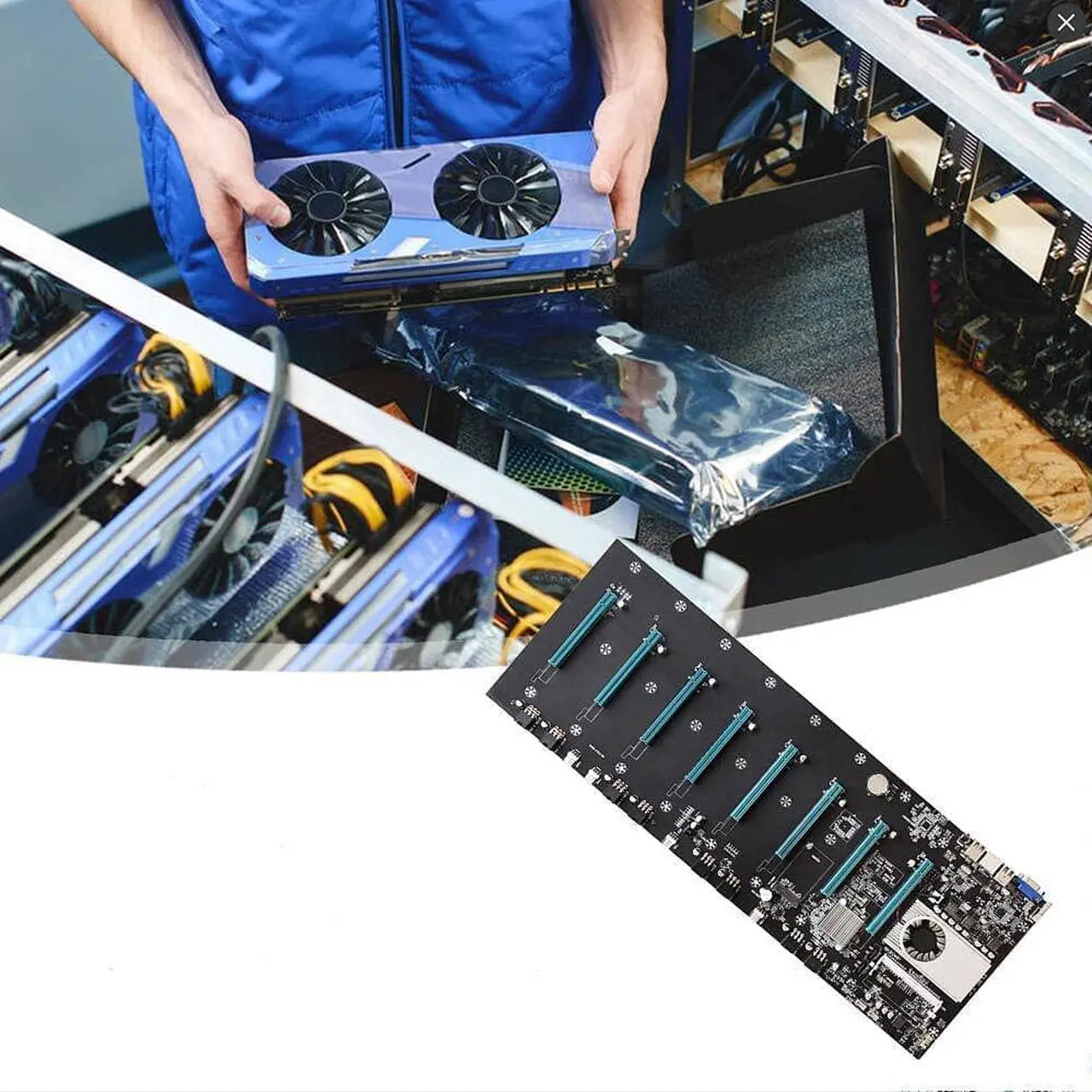 Alt view image 6 of 6 - Mining Motherboard BTC-S37 Comes with 8GB RAM DDR3 Memory and 128GB SSD Support 8 GPU VGA + HDMI 8XPCIE 16X Graph Card Gigabit Network RJ45 Port for BTC ETH Miner
