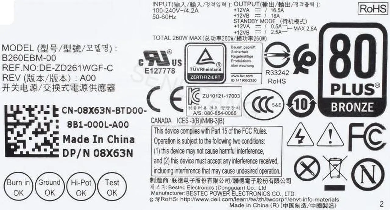 Alt view image 4 of 5 - New For Dell OptiPlex 7060 5060 3060 PC Power Supply L260AM-00 AC260AM-00 H260EBM-00 B260EBM-00 L260EBM 6pin Power Supply