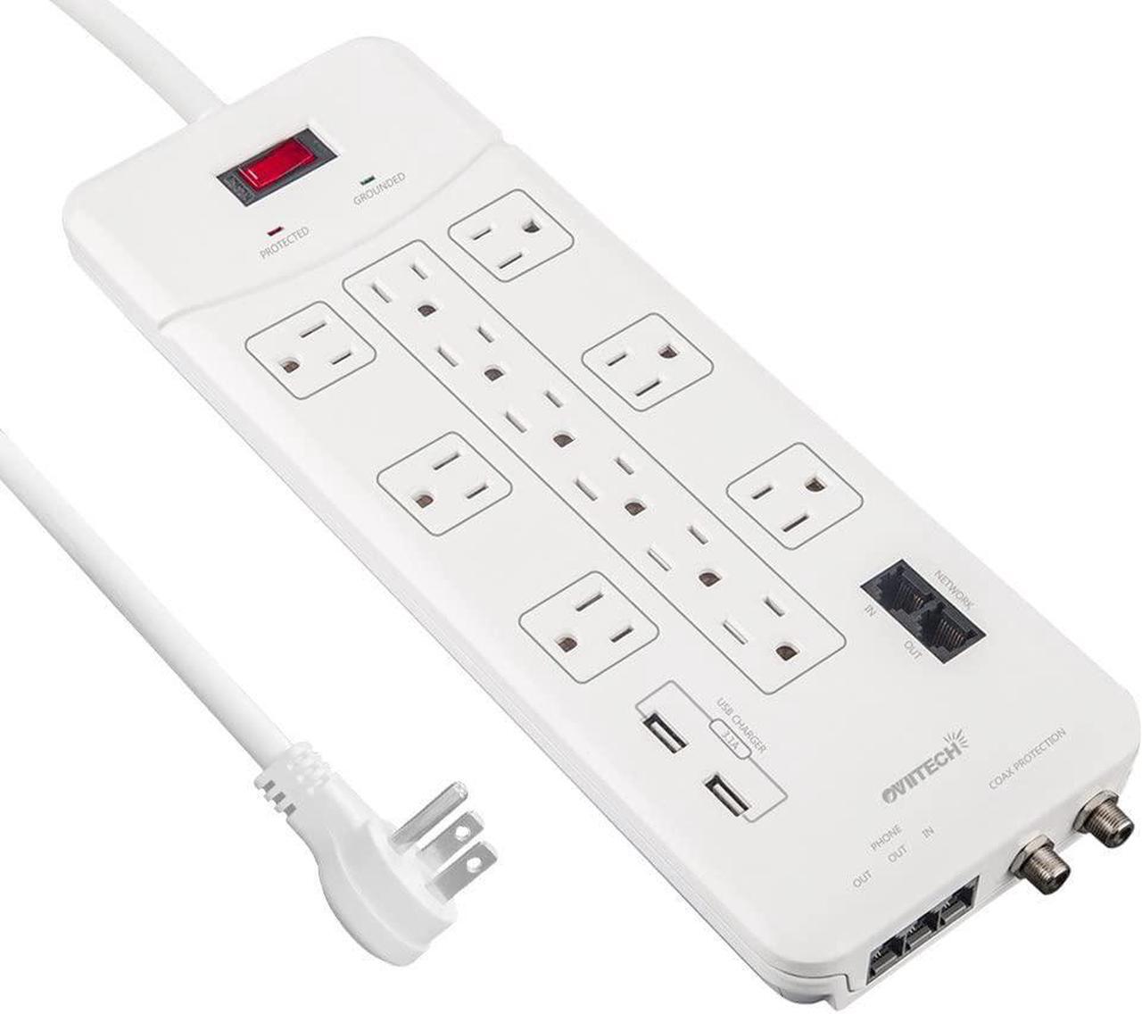 Main image of OviiTech 12 Outlet All-In-One Mountable Surge Protector Power Strip with2 USB Charging Ports(3.1A Total and Phone/Ethernet/Coax Protection,6 Foot Heavy Duty Extension Cord,4380 Joules,White,ETL Listed