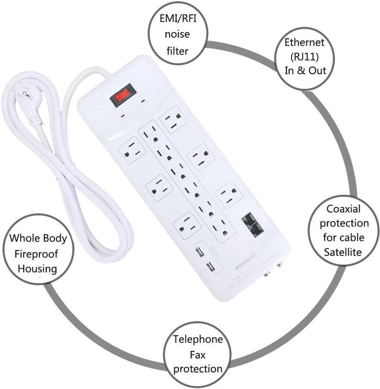 Alt view image 3 of 7 - OviiTech 12 Outlet All-In-One Mountable Surge Protector Power Strip with2 USB Charging Ports(3.1A Total and Phone/Ethernet/Coax Protection,6 Foot Heavy Duty Extension Cord,4380 Joules,White,ETL Listed