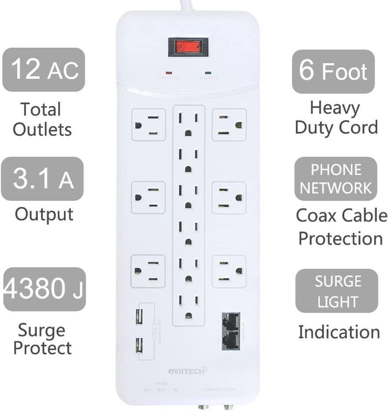 Alt view image 2 of 7 - OviiTech 12 Outlet All-In-One Mountable Surge Protector Power Strip with2 USB Charging Ports(3.1A Total and Phone/Ethernet/Coax Protection,6 Foot Heavy Duty Extension Cord,4380 Joules,White,ETL Listed
