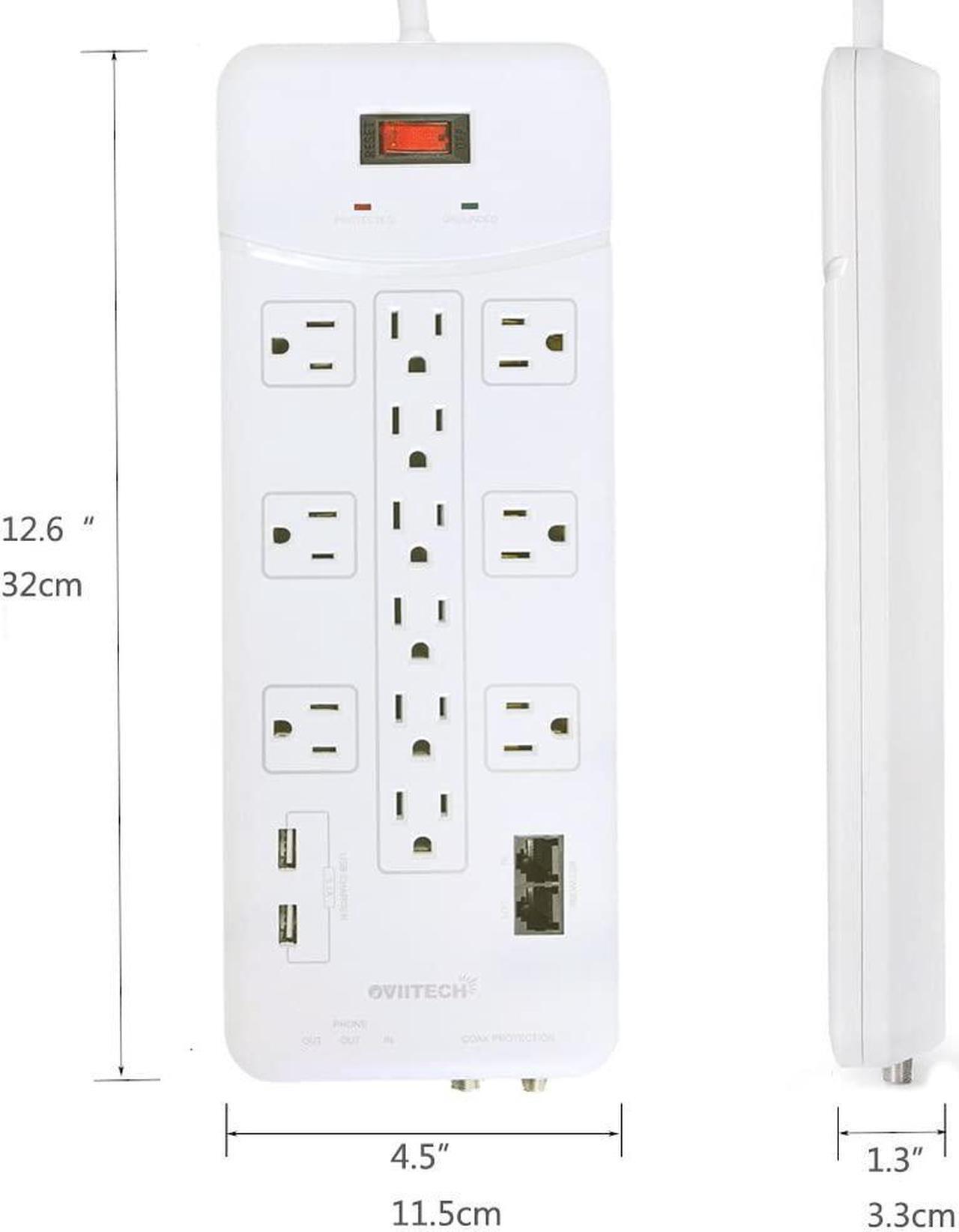 Alt view image 4 of 7 - OviiTech 12 Outlet All-In-One Mountable Surge Protector Power Strip with2 USB Charging Ports(3.1A Total and Phone/Ethernet/Coax Protection,6 Foot Heavy Duty Extension Cord,4380 Joules,White,ETL Listed