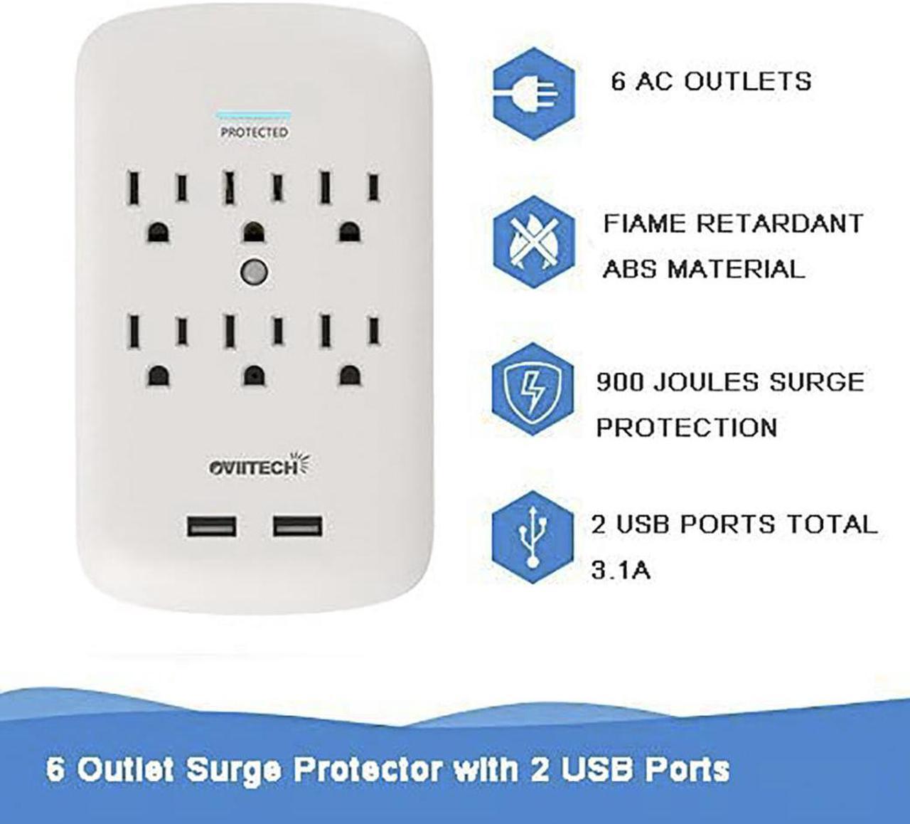 Alt view image 2 of 6 - Oviitech 6 Outlet Surge Protector,900 Joules Wall Adapter Tap with 2 USB Charger, Dual 3.1A USB Ports, 3-Prong Wall Mount Outlet Plugs,ETL Listed,White
