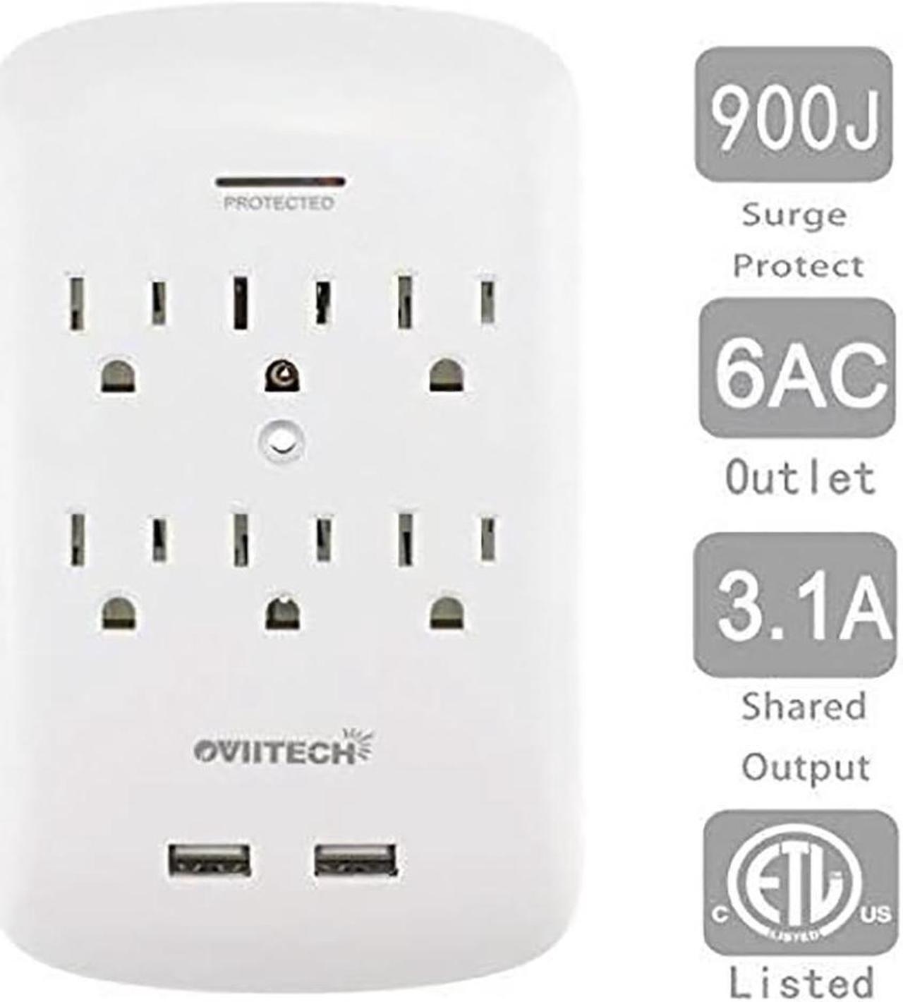 Alt view image 4 of 6 - Oviitech 6 Outlet Surge Protector,900 Joules Wall Adapter Tap with 2 USB Charger, Dual 3.1A USB Ports, 3-Prong Wall Mount Outlet Plugs,ETL Listed,White
