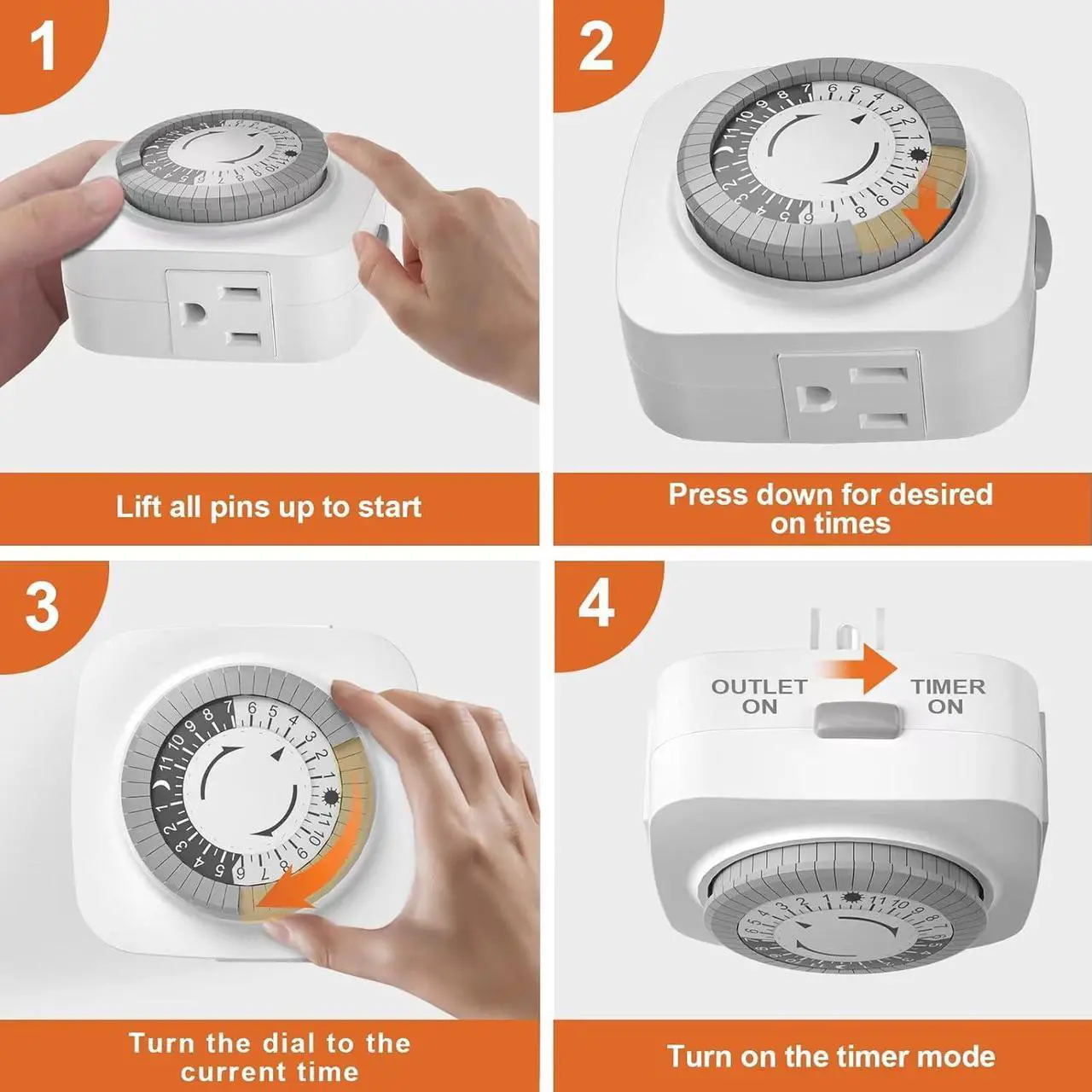 Alt view image 4 of 6 - 24 Hour Indoor Mechanical Timer with 2 Ground 3 Plug Socket Timer,30 min Daily on/Off Cycle for Lamps, Christmas Tree Lights, ETL Certified, White,4 Pack