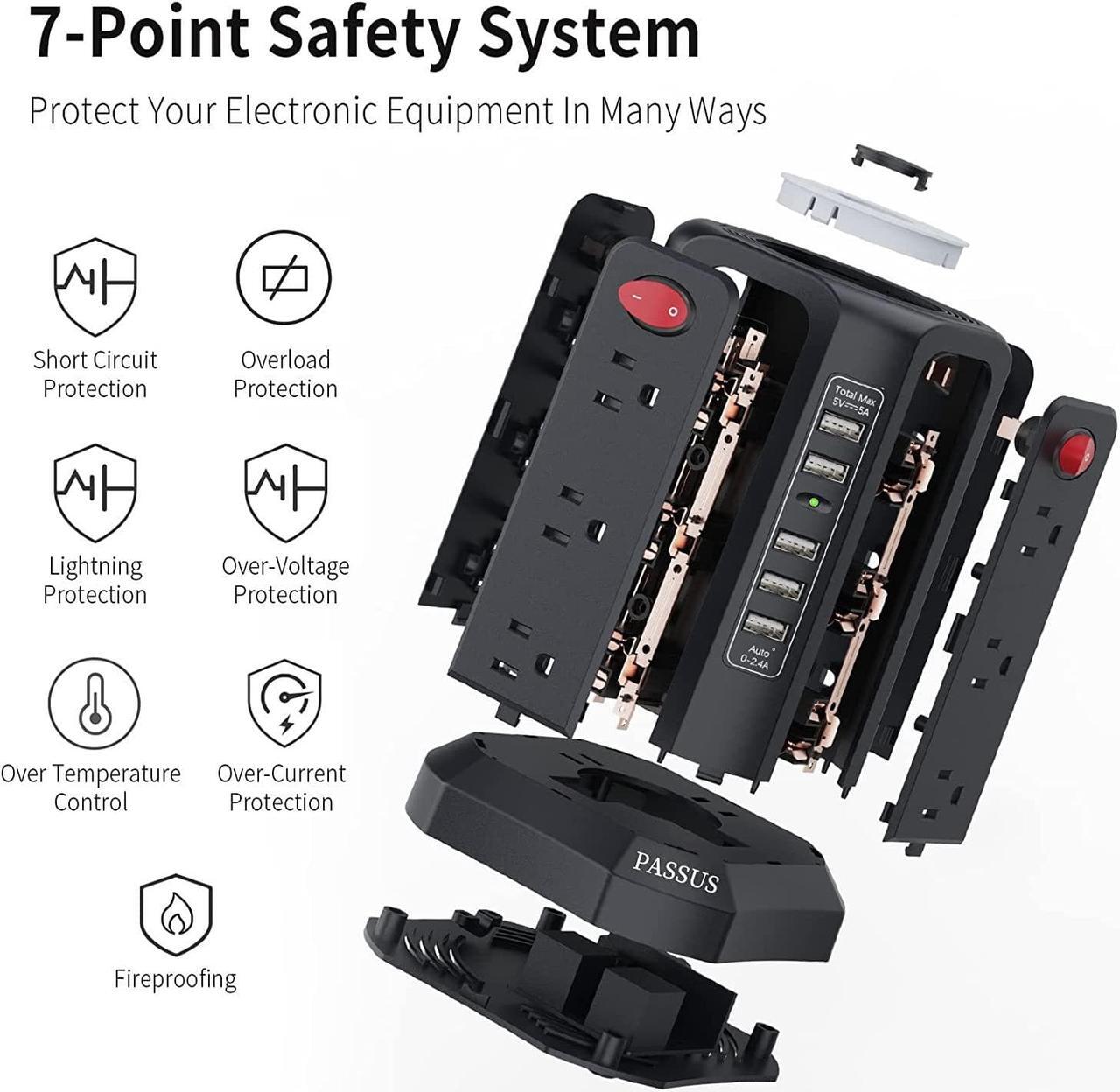 Alt view image 6 of 7 - Surge Protector Power Strip Tower 5 USB Ports and Night Light, 10FT Extension Cord with 12 AC Multiple Outlets, PASSUS