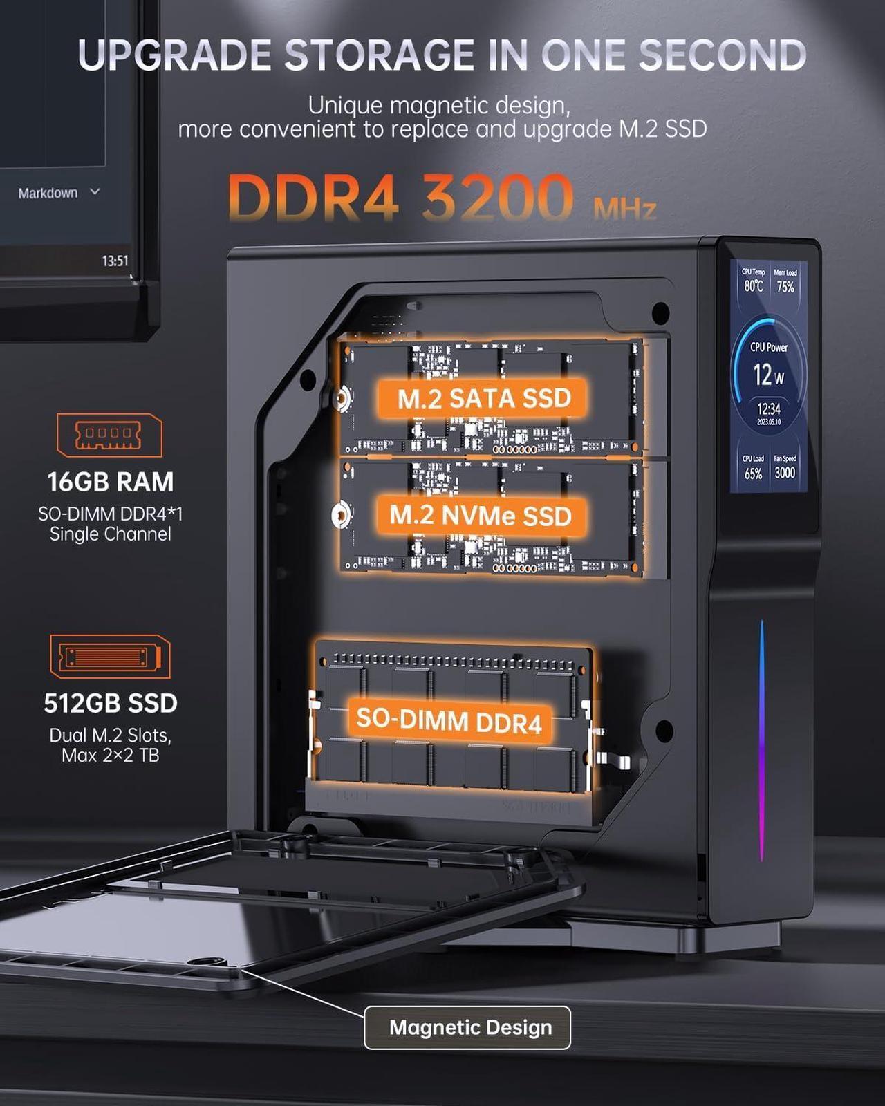 Alt view image 4 of 7 - 4K S1 Mini PC Intel N97 CPU (up to 3.6 GHz), 16GB DDR4 RAM 512GB M.2 SSD Mini Computer with LCD Screen, Vertical Mini Desktop PC with RGB Light, WiFi 6/BT 5.2/4K UHD/Dual LAN for Home/Office