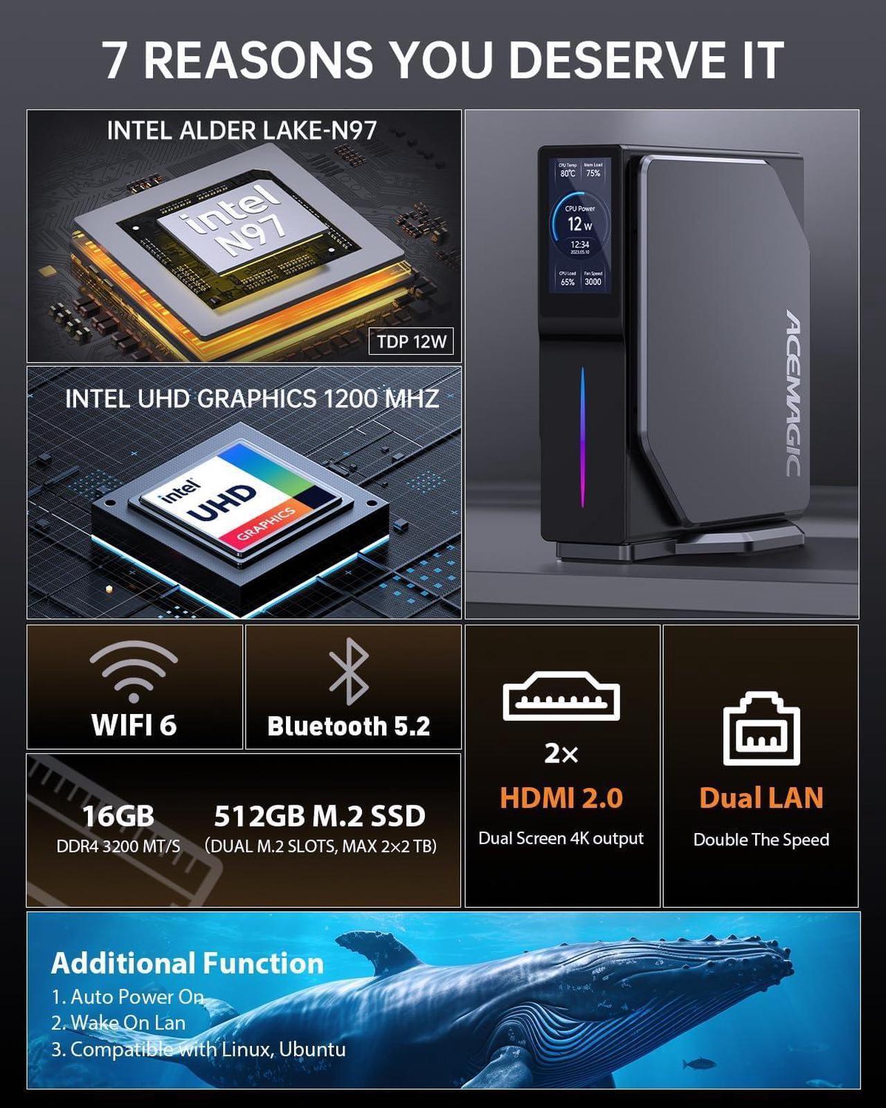 Alt view image 2 of 7 - 4K S1 Mini PC Intel N97 CPU (up to 3.6 GHz), 16GB DDR4 RAM 512GB M.2 SSD Mini Computer with LCD Screen, Vertical Mini Desktop PC with RGB Light, WiFi 6/BT 5.2/4K UHD/Dual LAN for Home/Office
