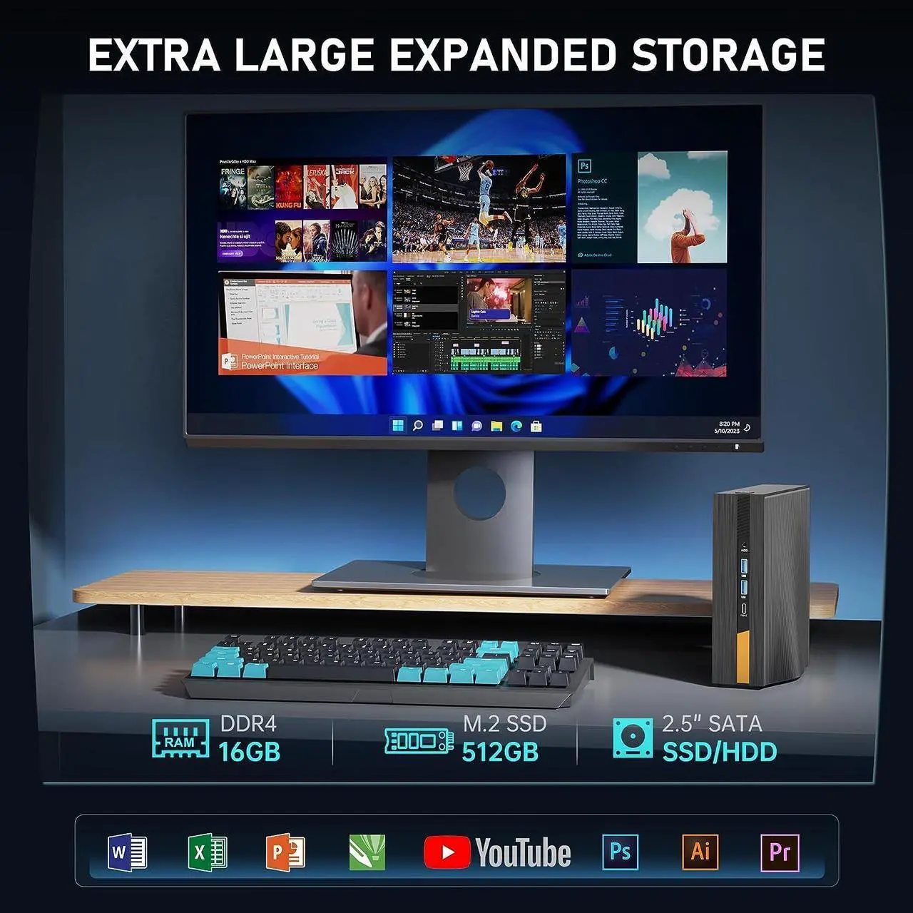 Alt view image 4 of 7 - [Office/Gaming PC] Mini PC Intel i5 11500B 16GB DDR4 512GB NVME SSD Mini Computers, windows 11 Small Desktop Tower PC Support WiFi 6/BT 5.2/Type C/HDMI/4K Triple Display/Up to 4.6 GHz