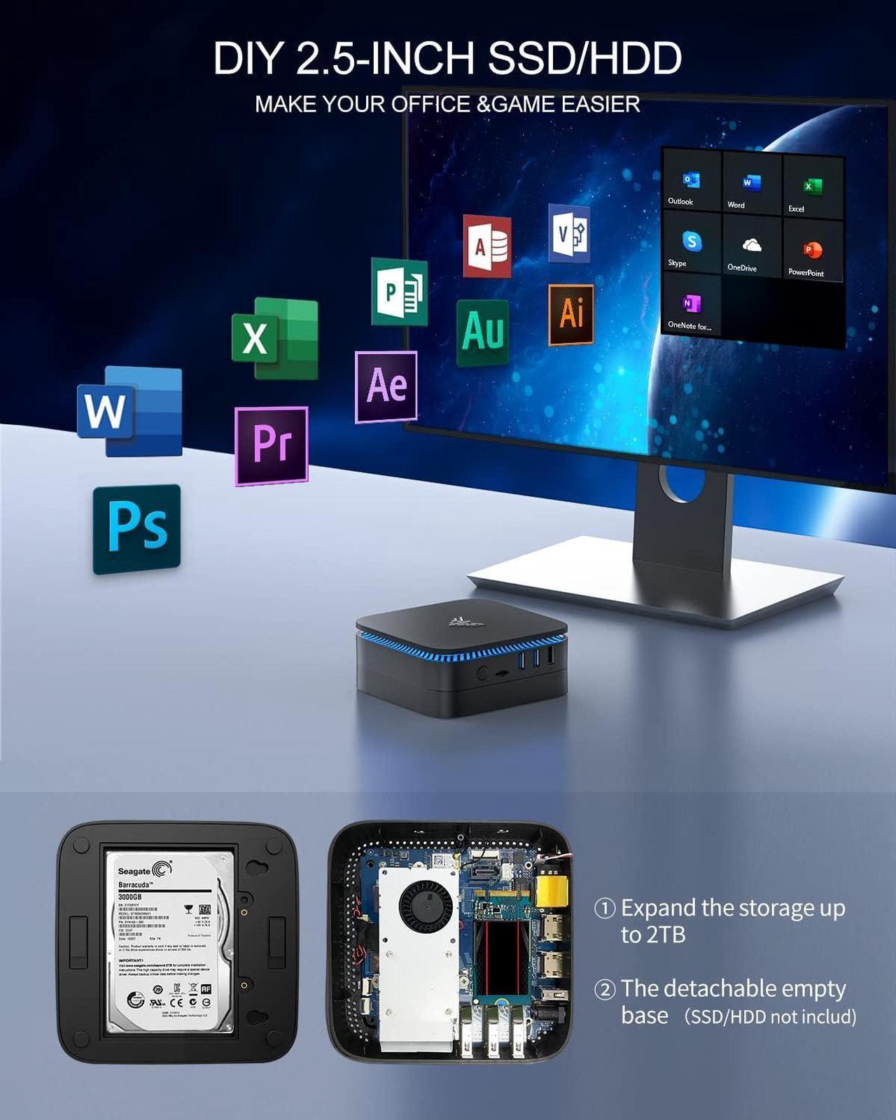 Alt view image 7 of 7 - KAMRUI 4K Mini PC AK1PLUS 16GB RAM Intel 12th Alder Lake N100 Windows 11 HDMI 512GB M.2 SSD 2.4 & 5GHz Wi-Fi and support WIFI 5 expand the storage up to 2TB