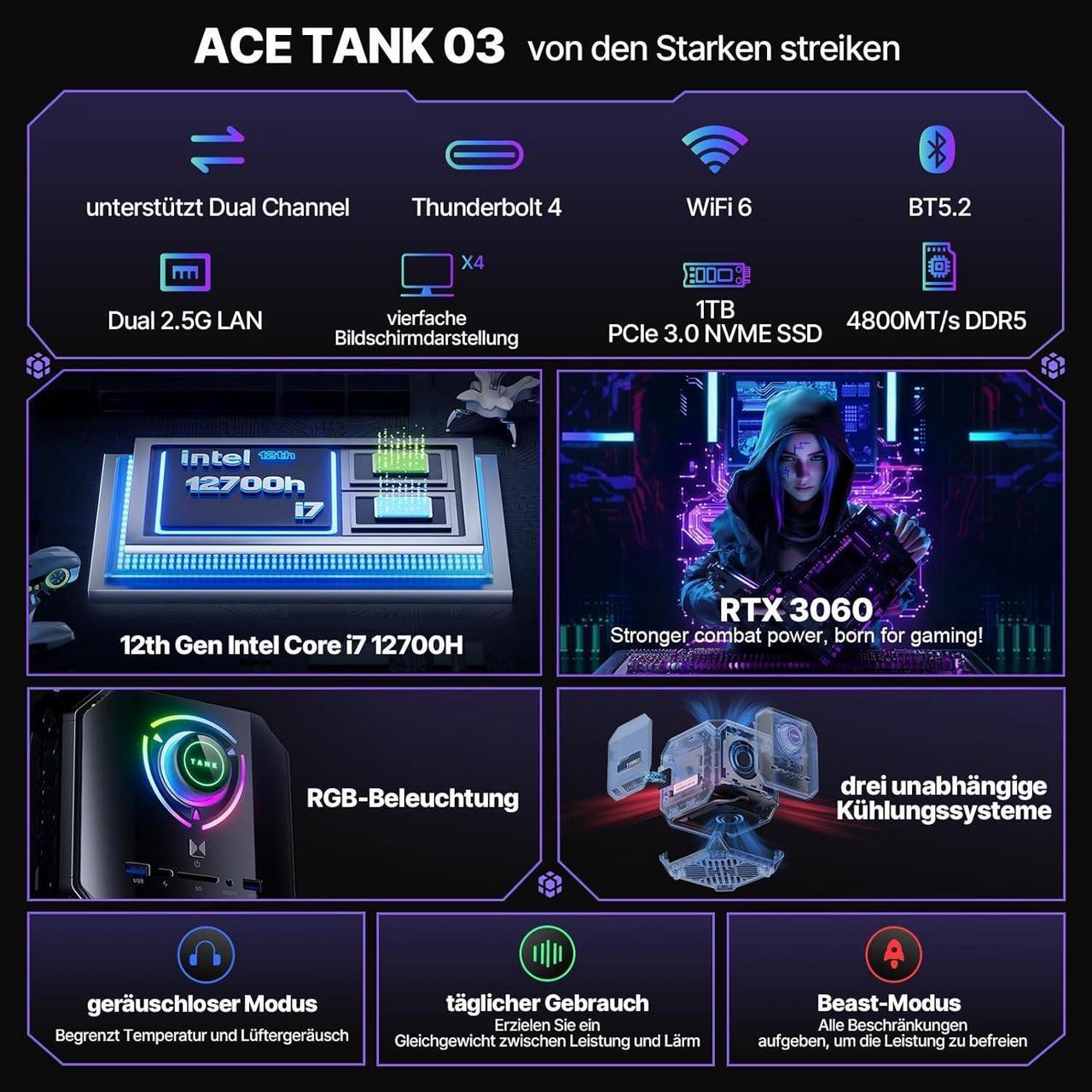 Alt view image 2 of 7 - KAMRUI 4K GAMING Mini PC Tank03 Windows 11 intel i7-12700H (14C/20T, bis zu 4.7Ghz) RTX 3070 Graphics 32GB DDR5 1TB NVME SSD,Mini Computer with WiFi6 | Dual 2.5G LAN | 8K UHD | Windows 11 | Type-C