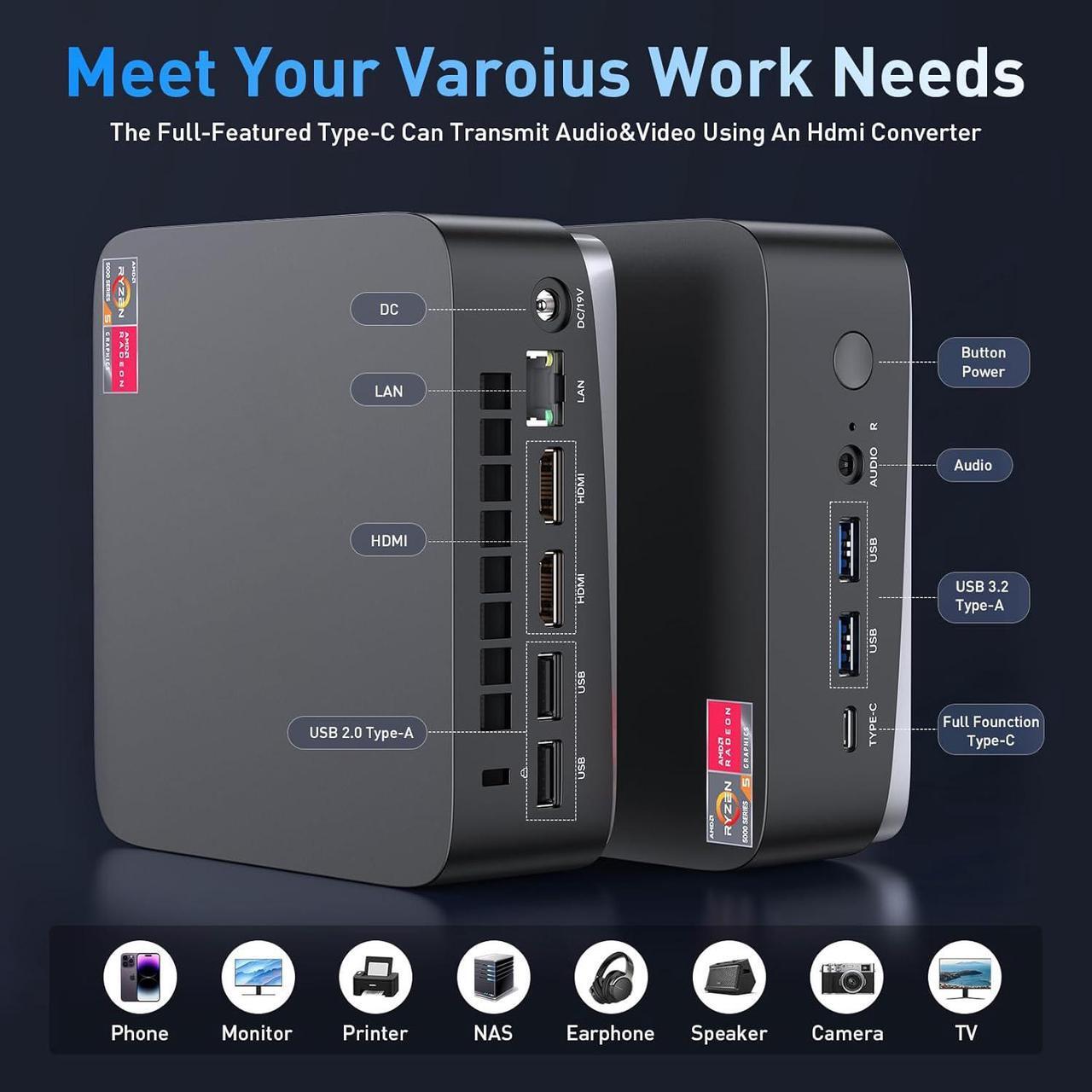 Alt view image 5 of 6 - kamrui Mini PC AMD Ryzen 7 5700U  Windows 11(8 Core 16 Threads, up to 4.3GHz) 32GB DDR4 512GB NVMe SSD Mini Computer,4K Triple Display,BT5.2/Wi-Fi 6,AM16 Mini PC Windows 11