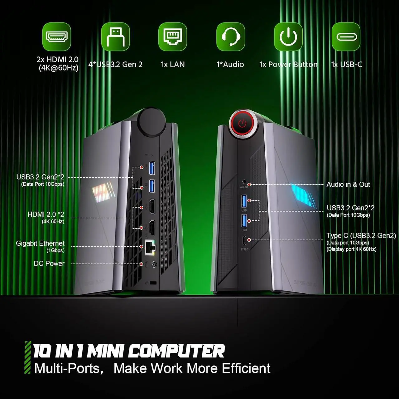 Alt view image 3 of 7 - KAMRUI 4K Mini Gaming PC i9, i9-11900H Processor(Up to 4.9GHz), Mini PC Gaming 16GB RAM 512GB NVME SSD, Mini Computers Desktop with 3 Modes/RGB/Dual Fans/Wifi 6/BT5.2