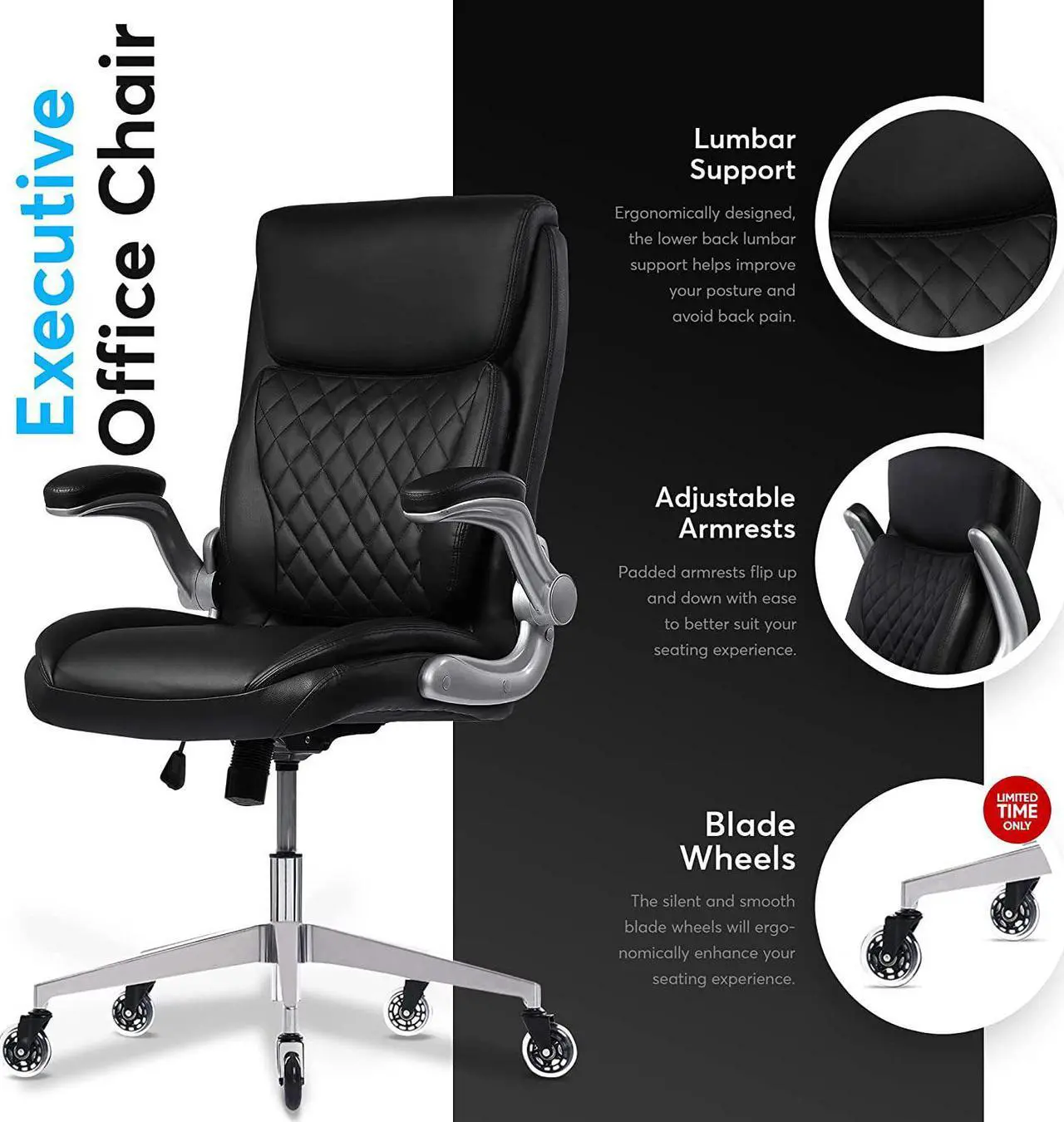 Alt view image 3 of 6 - Oline ErgoAce Ergonomic Executive Office Chair, Rolling Home Desk PU Leather Gaming Computer Chair with Adjustable Armrests, Lumbar Support, Blade Wheels (Black)