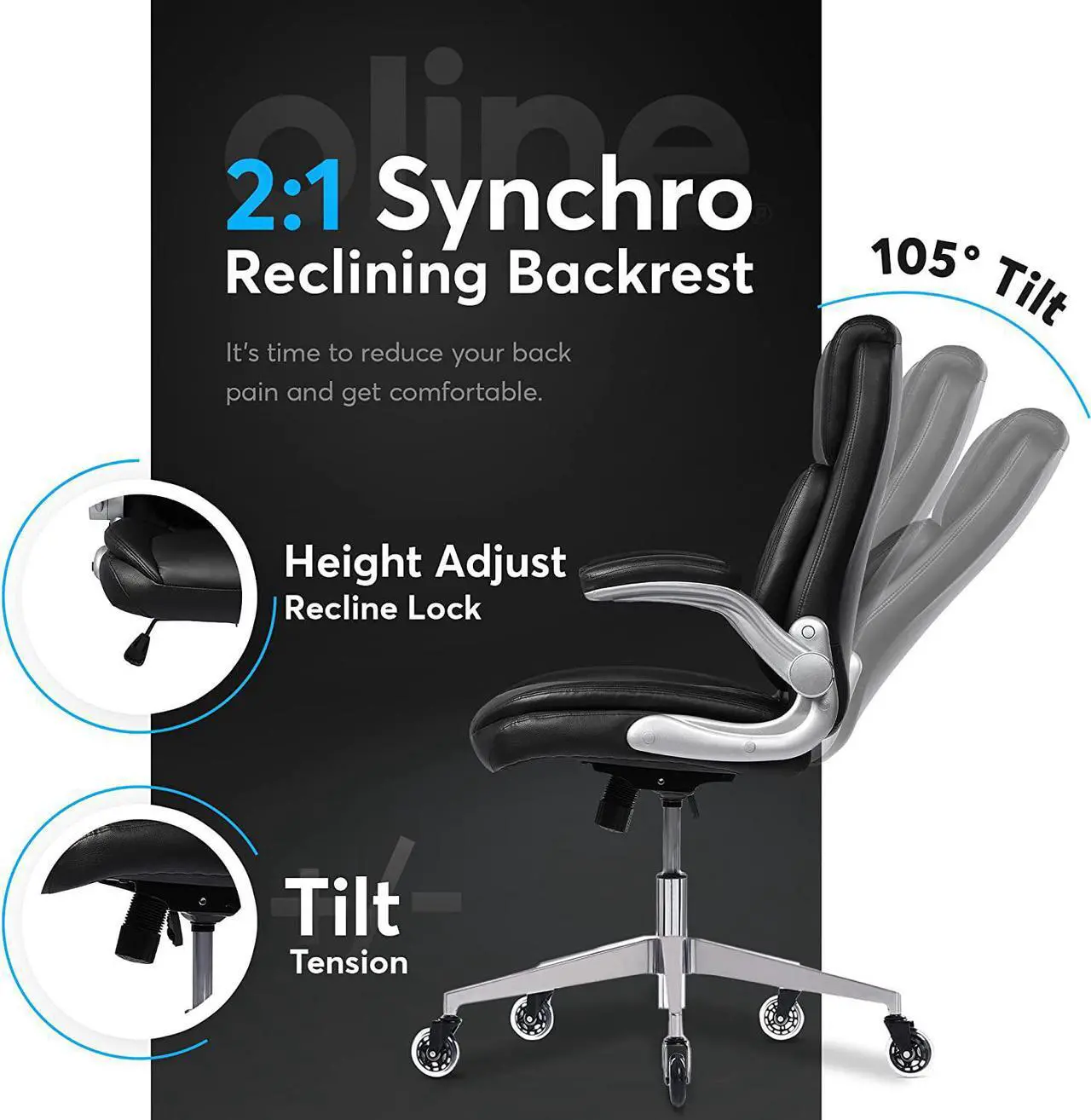 Alt view image 4 of 6 - Oline ErgoAce Ergonomic Executive Office Chair, Rolling Home Desk PU Leather Gaming Computer Chair with Adjustable Armrests, Lumbar Support, Blade Wheels (Black)