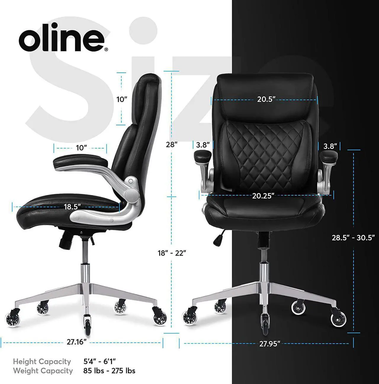 Alt view image 2 of 6 - Oline ErgoAce Ergonomic Executive Office Chair, Rolling Home Desk PU Leather Gaming Computer Chair with Adjustable Armrests, Lumbar Support, Blade Wheels (Black)