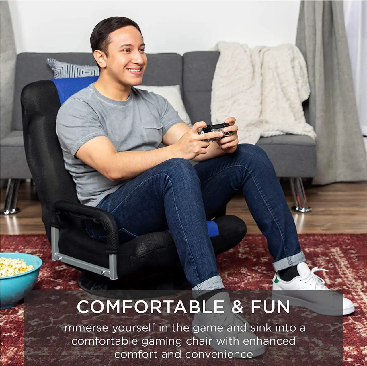 Alt view image 7 of 7 - Best Choice Products Swivel Gaming Chair 360 Degree Multipurpose Floor Chair Rocker for TV, Reading, Playing Video Games w/Lumbar Support, Armrest Handles, Adjustable Foldable Backrest - Black/Blue
