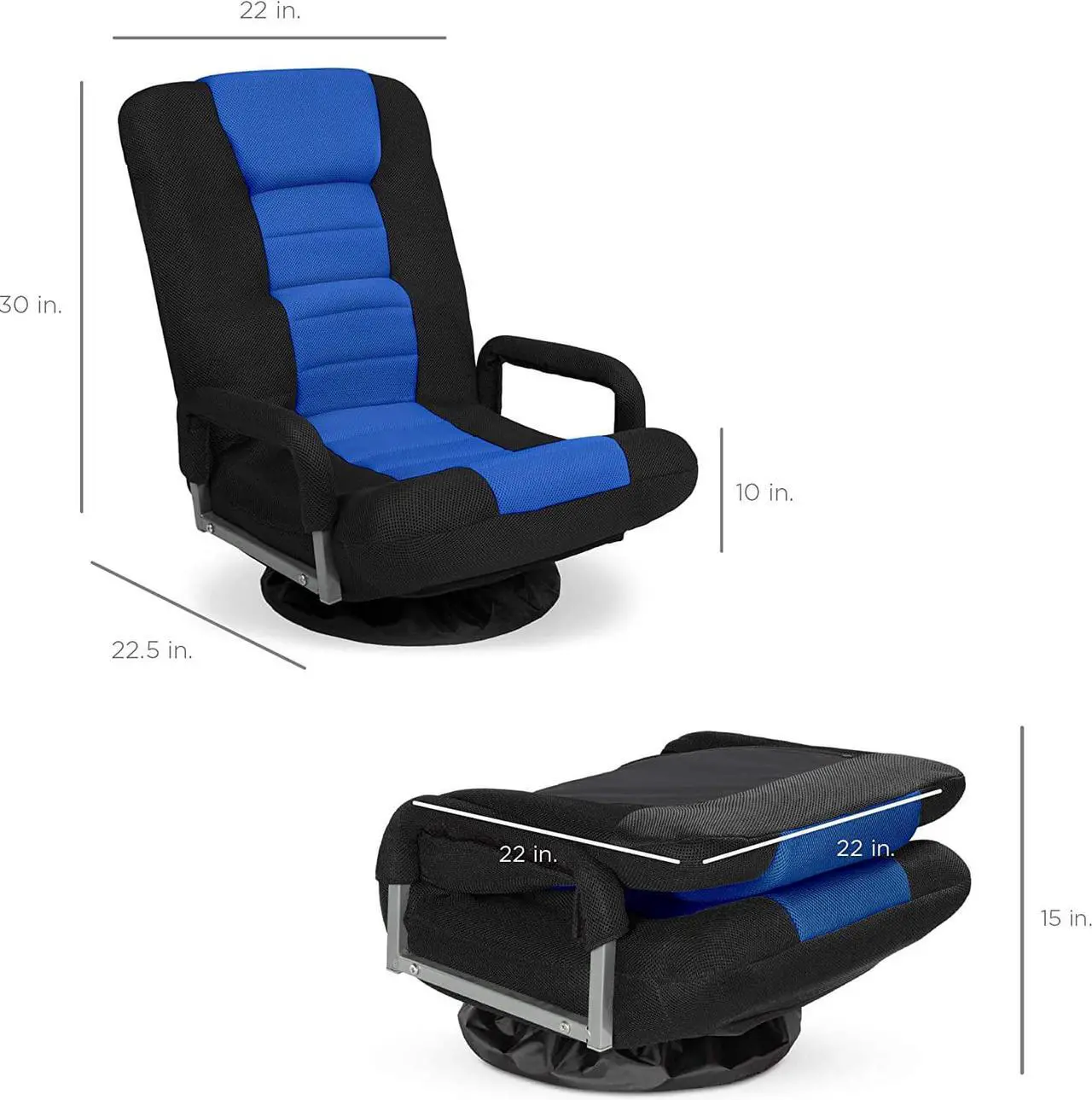 Alt view image 2 of 7 - Best Choice Products Swivel Gaming Chair 360 Degree Multipurpose Floor Chair Rocker for TV, Reading, Playing Video Games w/Lumbar Support, Armrest Handles, Adjustable Foldable Backrest - Black/Blue