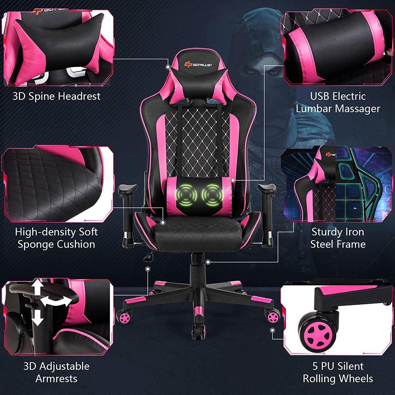Alt view image 4 of 7 - POWERSTONE Pink Gaming Chair Recliner with Adjustable Armrest Massage Lumbar Support Wide Cushion Ergonomic Office Computer Chair