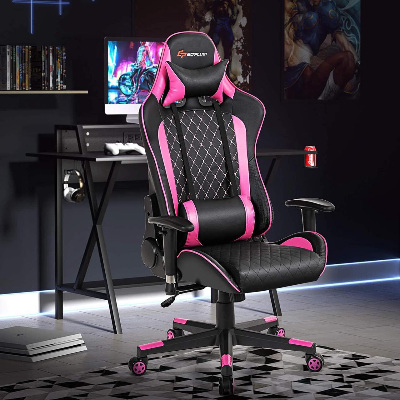 Alt view image 2 of 7 - POWERSTONE Pink Gaming Chair Recliner with Adjustable Armrest Massage Lumbar Support Wide Cushion Ergonomic Office Computer Chair