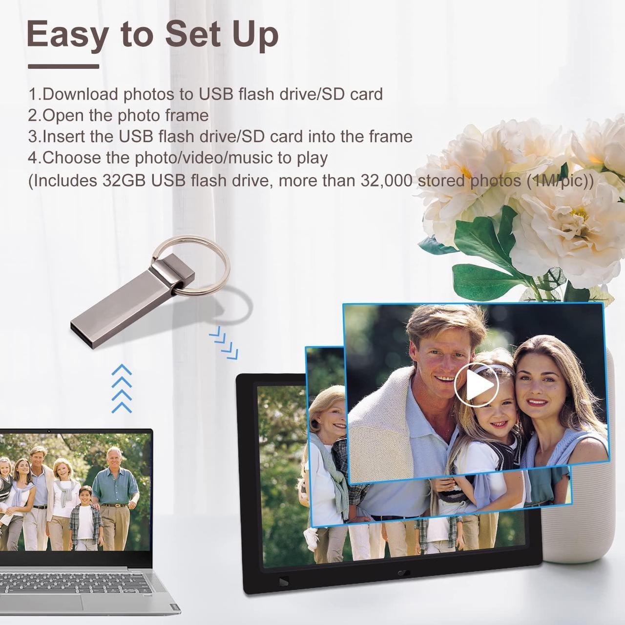 Alt view image 3 of 7 - 10.1 Inch Digital Picture Frame with 32GB USB Flash Drive, KECAG 1920x1080 HD IPS Screen Digital Photo Frame, Motion Sensor, Video, Music, Share Moments via SD Card or USB, with Remote Control, Black