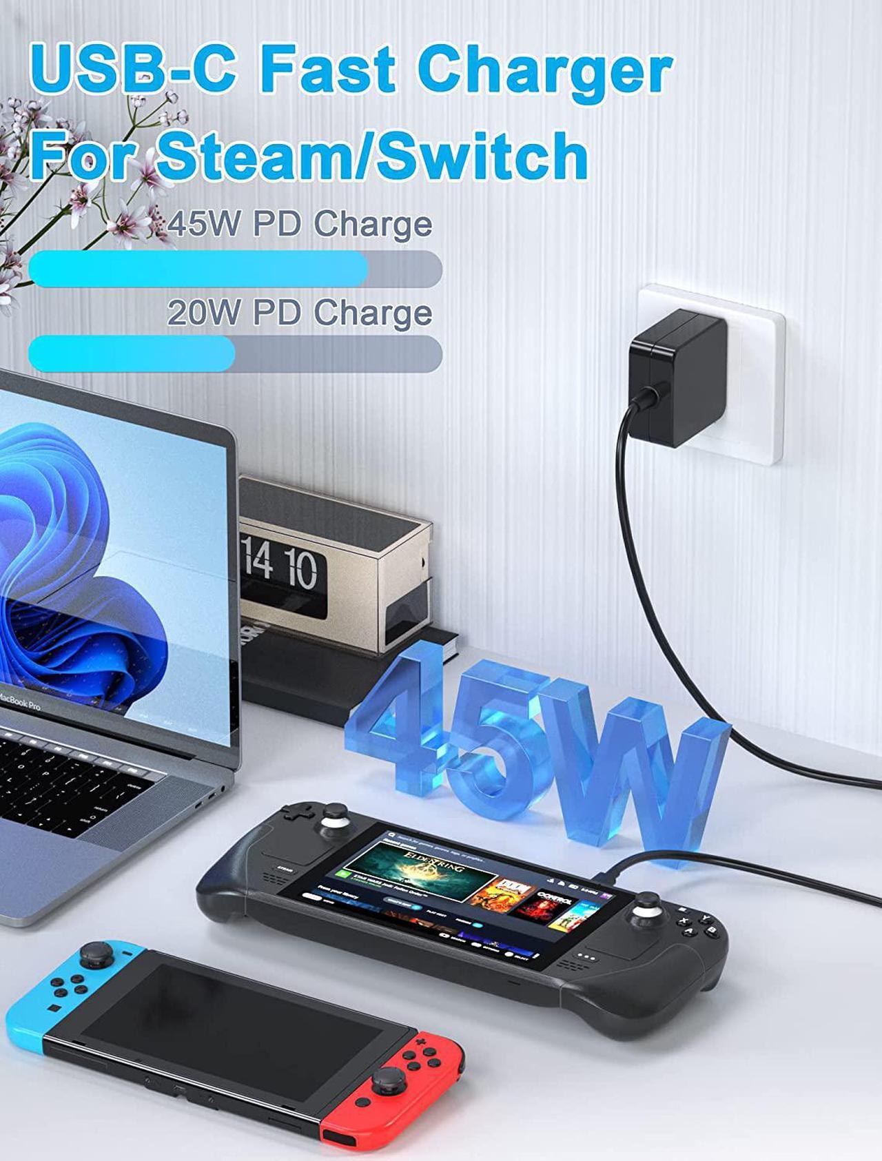Alt view image 3 of 7 - 45W Charger for Steam Deck and Switch, AC Adapter Steam Charger Fast USB-C Steam Power Adapter for Nintendo Switch/Lite/OLED/Xbox Controller/Phone/Tablet/Laptop with 5.9FT USB Type C Cable