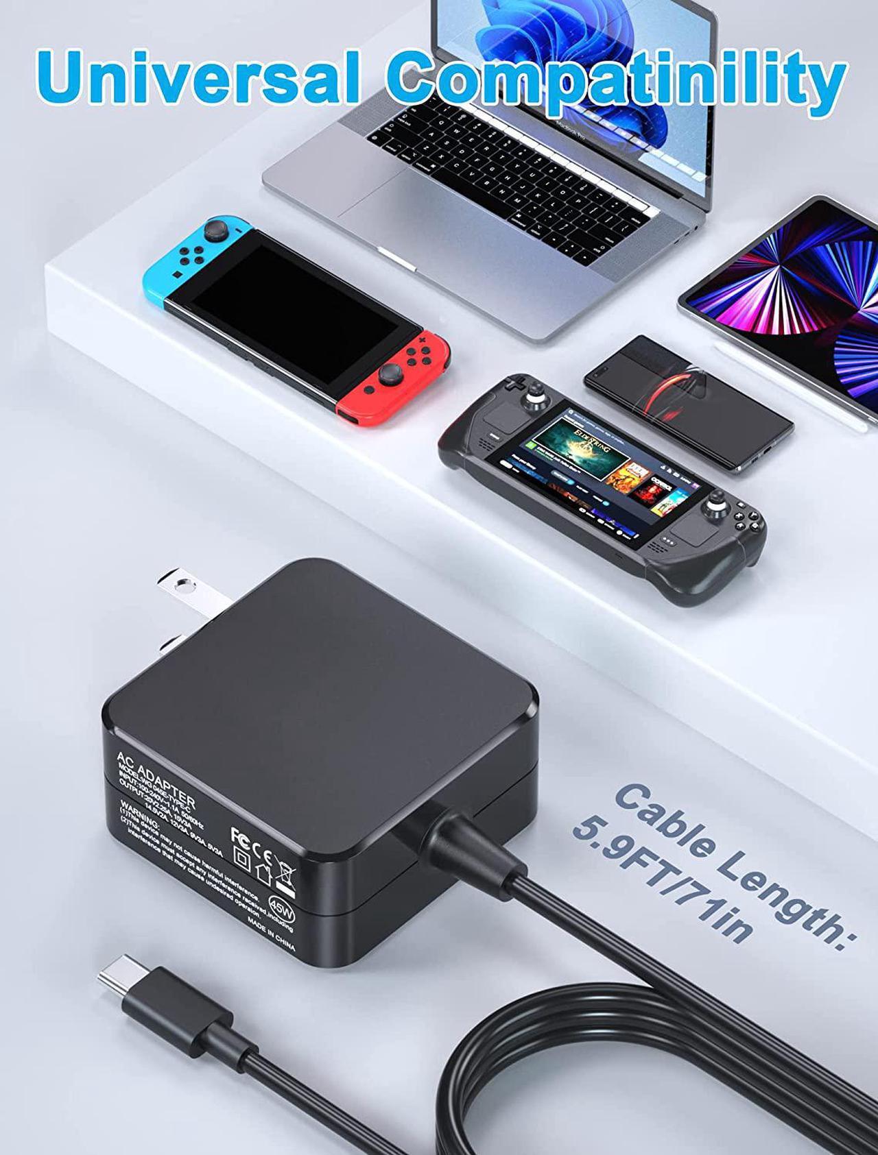 Alt view image 2 of 7 - 45W Charger for Steam Deck and Switch, AC Adapter Steam Charger Fast USB-C Steam Power Adapter for Nintendo Switch/Lite/OLED/Xbox Controller/Phone/Tablet/Laptop with 5.9FT USB Type C Cable