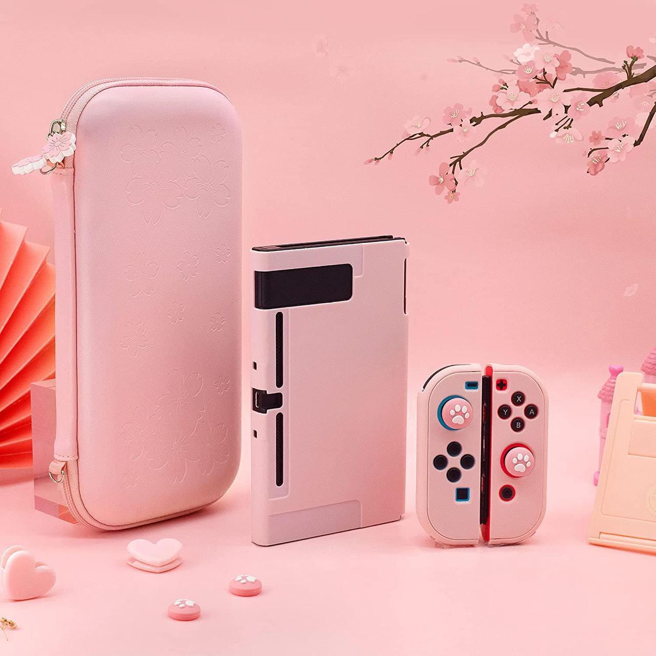 Alt view image 6 of 7 - BRHE Cute Travel Carrying Case for Nintendo Switch Accessories Kit with Hard Protective Cover, Glass Screen Protector, Adjustable Stand and Thumb Grip Caps 10 in 1(Switch Pink)