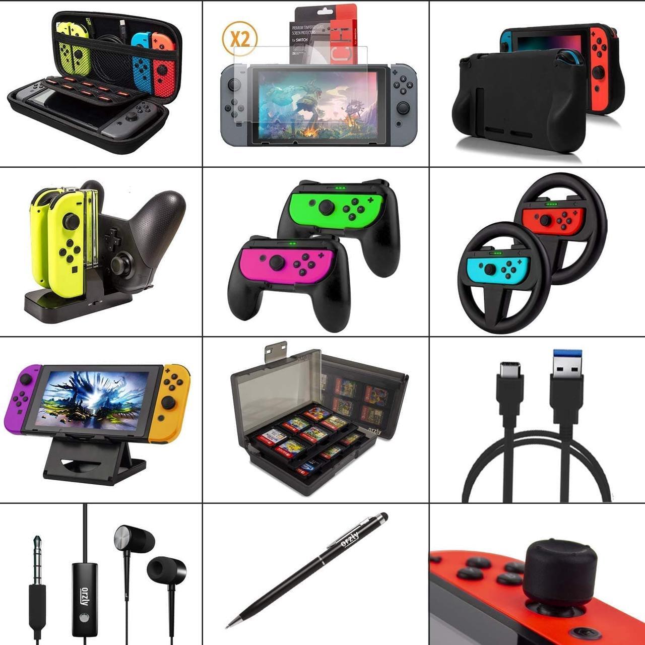 Alt view image 2 of 7 - Orzly Accessory Bundle Kit Designed for Nintendo Switch Accessories Geeks and OLED Console Users Case and Screen Protector, Joycon Grips and Wheels for Enhanced Games Play and More - Jet Black