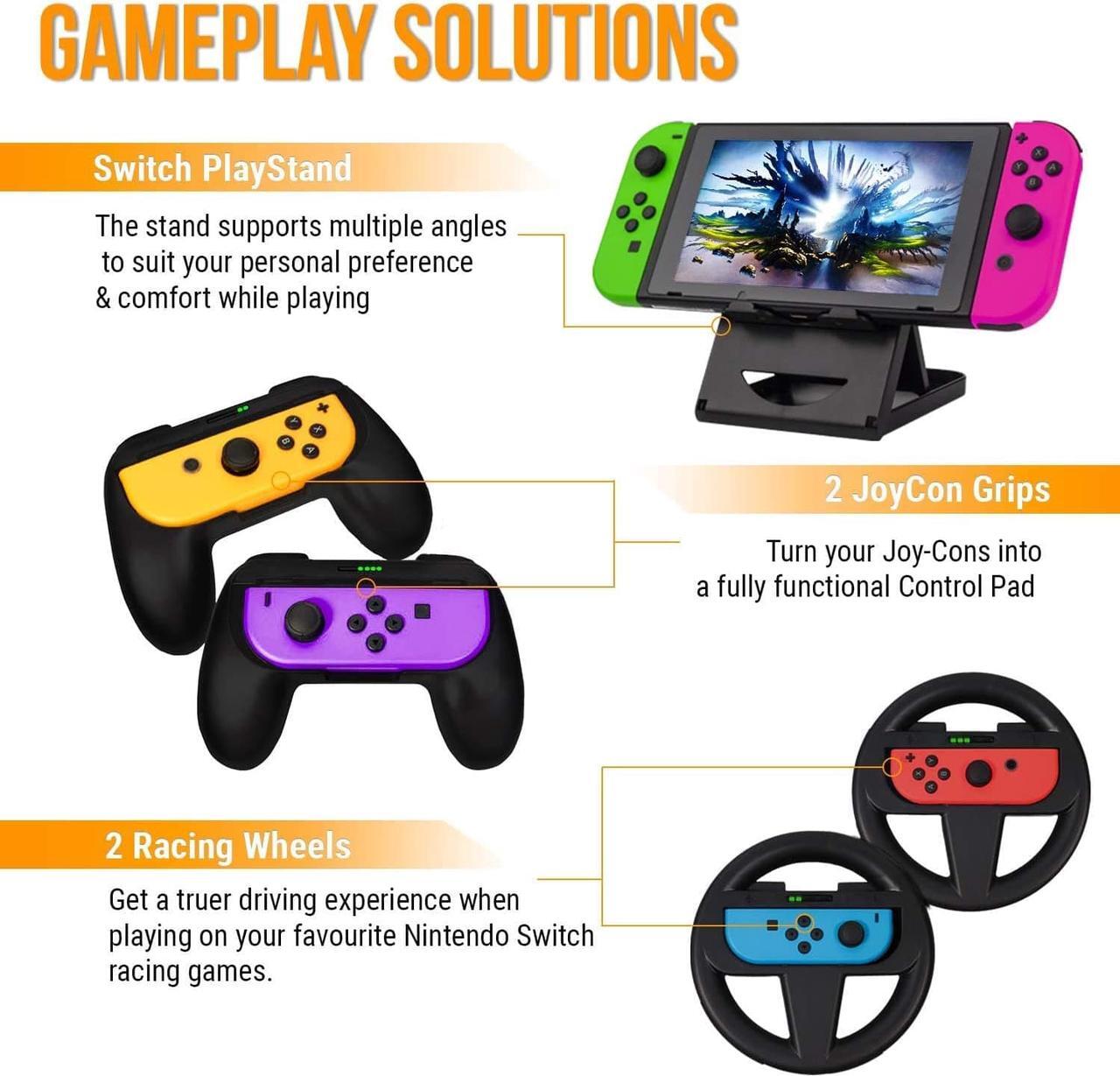 Alt view image 6 of 7 - Orzly Accessory Bundle Kit Designed for Nintendo Switch Accessories Geeks and OLED Console Users Case and Screen Protector, Joycon Grips and Wheels for Enhanced Games Play and More - Jet Black