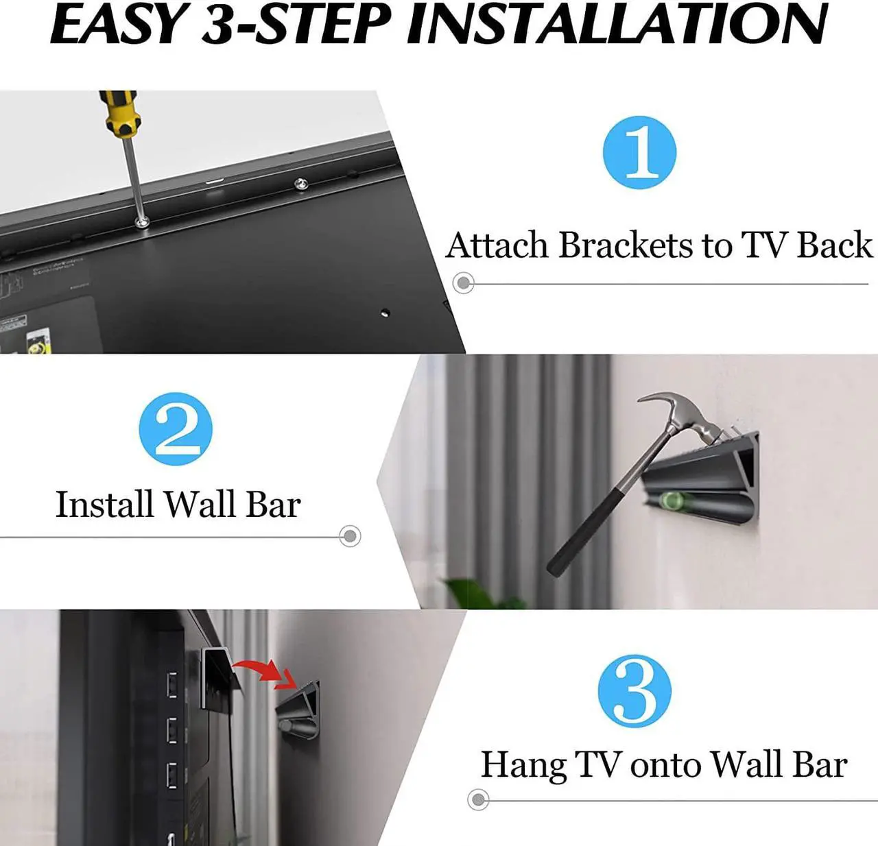 Alt view image 4 of 6 - No Stud TV Wall Mount, Drywall Studless TV Hanger No Damage, No Drill, Non Screws, Flat Screen Easy Install Bar Bracket fits VESA 12-55 inch TVs up to 99 lbs, Include Hardware Levels
