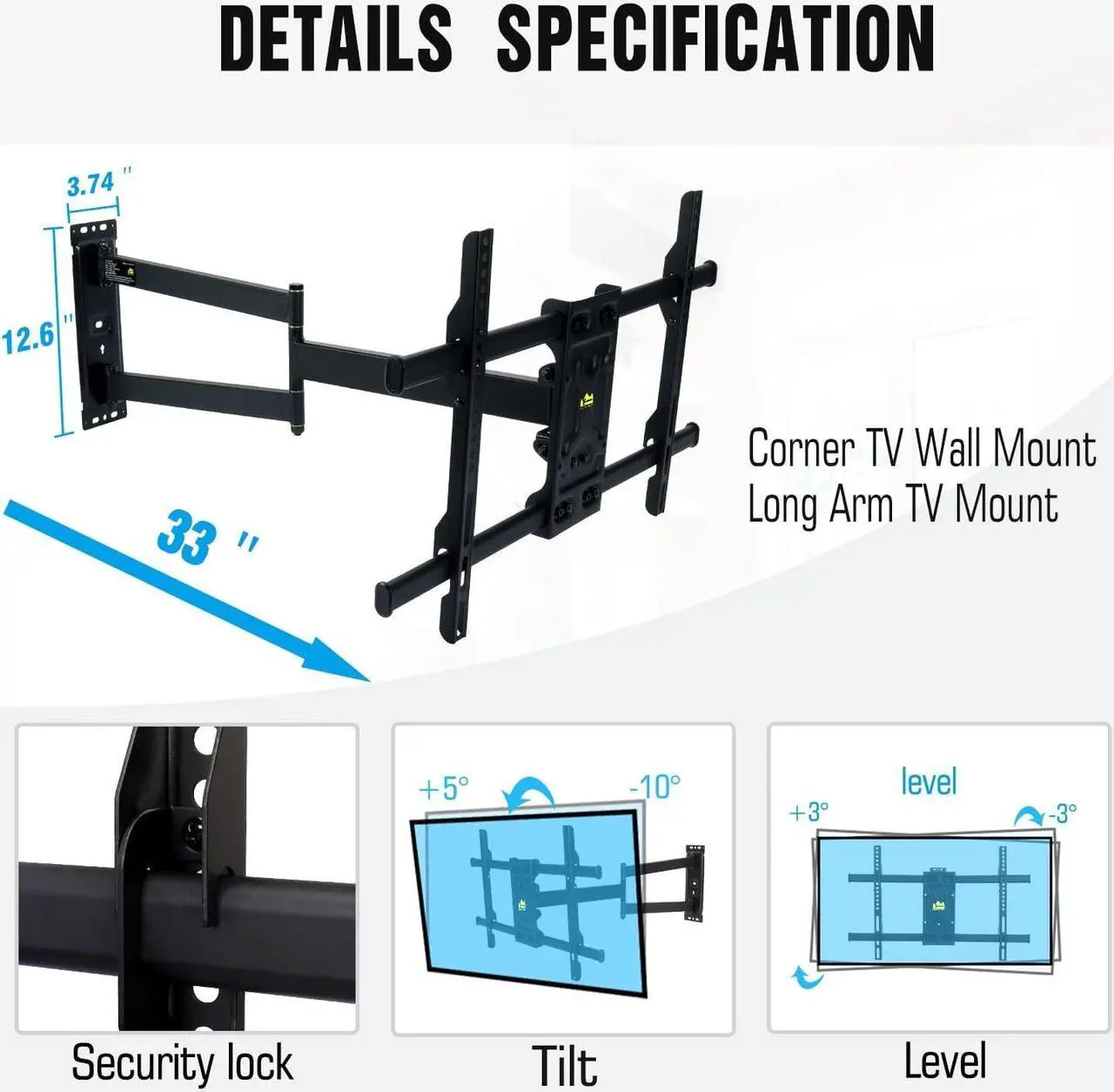 Alt view image 5 of 7 - FORGING MOUNT Corner TV Wall Mount Long Arm TV Mount Bracket for 32"-75" TVs-Easy to Install Single Stud Design- 33" of Smooth Extension Plus Swivel,Tilt,Max VESA 600X400mm,Holds 100lbs