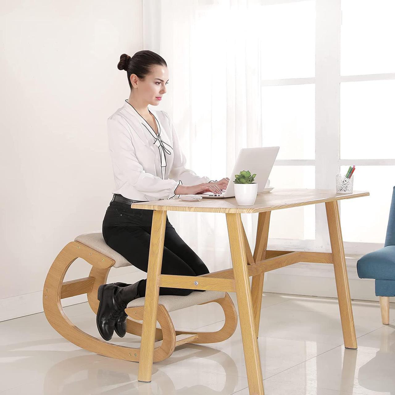 Alt view image 2 of 7 - Predawn Ergonomic Kneeling Chair,Rocking Knee Chair Upright Posture Chair for Home Office Meditation Wooden & Linen Cushion-Office Chair for Back Neck Pain Relief & Improving Posture (White Oak)