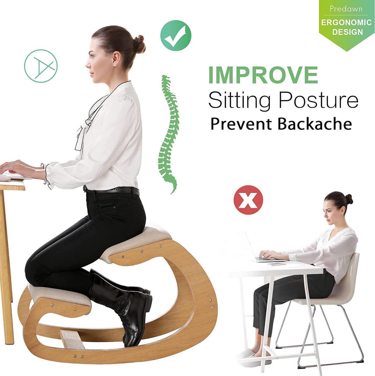 Alt view image 4 of 7 - Predawn Ergonomic Kneeling Chair,Rocking Knee Chair Upright Posture Chair for Home Office Meditation Wooden & Linen Cushion-Office Chair for Back Neck Pain Relief & Improving Posture (White Oak)