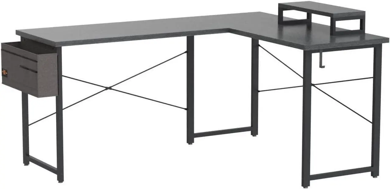 Alt view image 7 of 7 - L Shaped Desk, 59" Computer Corner Desk, Gaming Desk, Home Office Writing Desk with Monitor Shelf, Space-Saving Workstation Desk, Modern Simple Wooden Desk, Easy to Assemble, Black