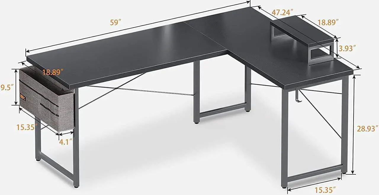 Alt view image 3 of 7 - L Shaped Desk, 59" Computer Corner Desk, Gaming Desk, Home Office Writing Desk with Monitor Shelf, Space-Saving Workstation Desk, Modern Simple Wooden Desk, Easy to Assemble, Black