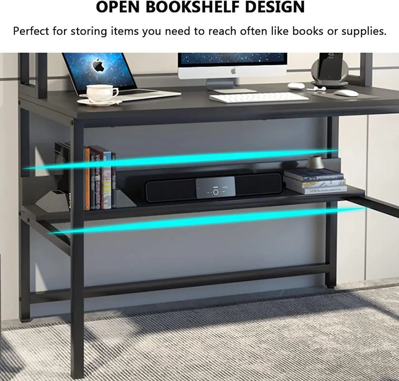 Alt view image 6 of 7 - Computer Desk with Hutch and Bookshelves, Large Leg Room 47 inch Width Black Desk with Space Saving Storage Shelves for Home Office,Study, Work, Easy Assemble and All Hardware and Tools Included