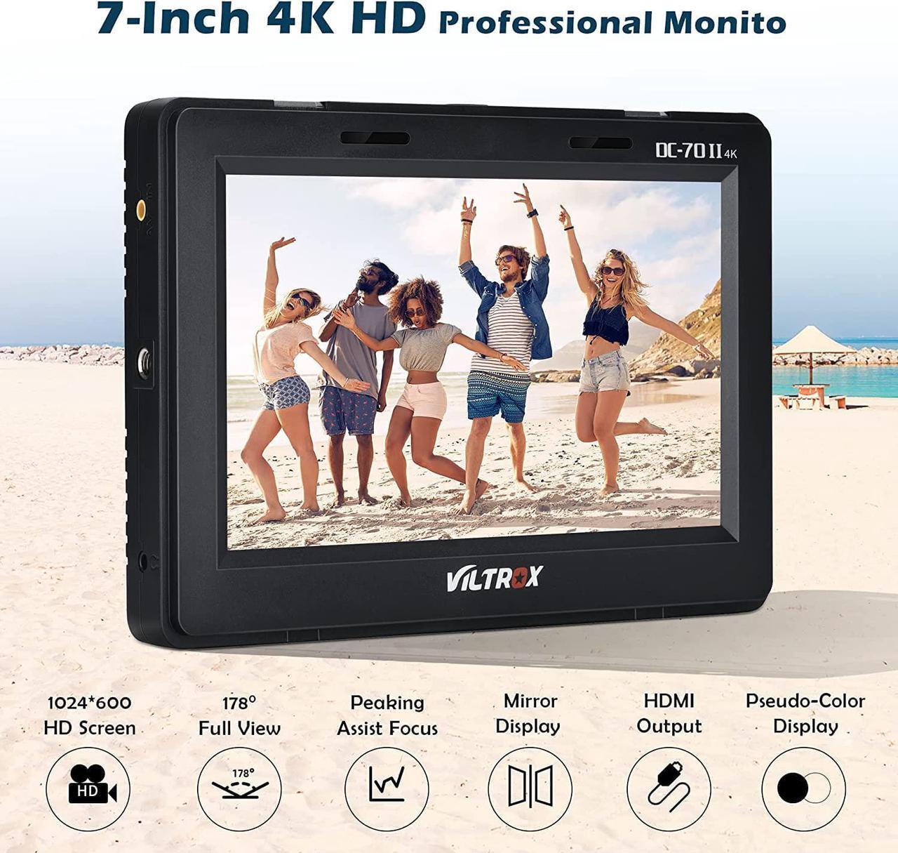 Alt view image 2 of 6 - DC-70 II 7 inch Camera Video Monitor, 4K Camera Field Monitor Kit with HDMI AV Input/Output for Canon Nikon Sony DSLR Camera, Peaking Focus Assist Video Monitor with Sunshade Hood/Battery