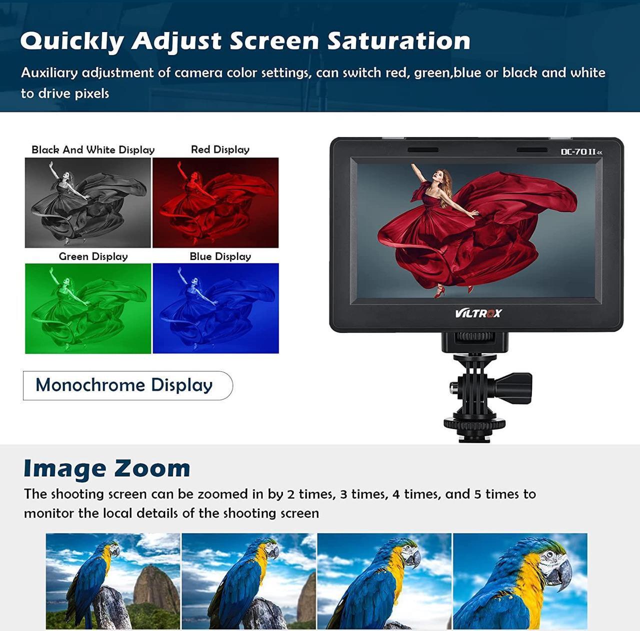 Alt view image 3 of 6 - DC-70 II 7 inch Camera Video Monitor, 4K Camera Field Monitor Kit with HDMI AV Input/Output for Canon Nikon Sony DSLR Camera, Peaking Focus Assist Video Monitor with Sunshade Hood/Battery